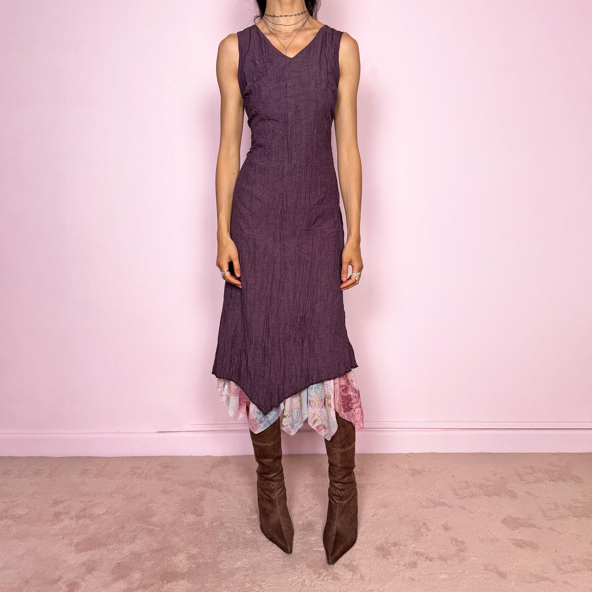 Vintage Y2K Purple Crinkle Mesh Midi Dress  Size M  Wanda Core