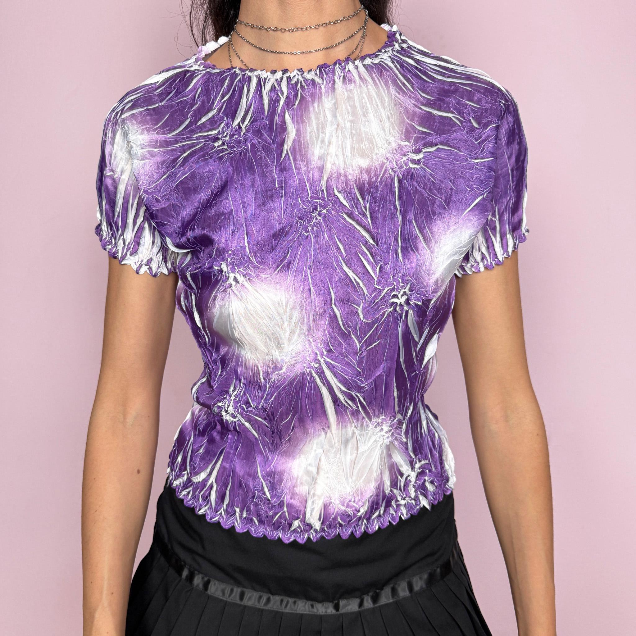 Vintage 2000s purple popcorn top with a sculptural crinkle texture, abstract dotted pattern and fitted stretchy silhouette. A playful unique maximalist statement piece with short sleeves, and a dreamy purple-white color palette. Made from polyester. Excellent vintage condition.
