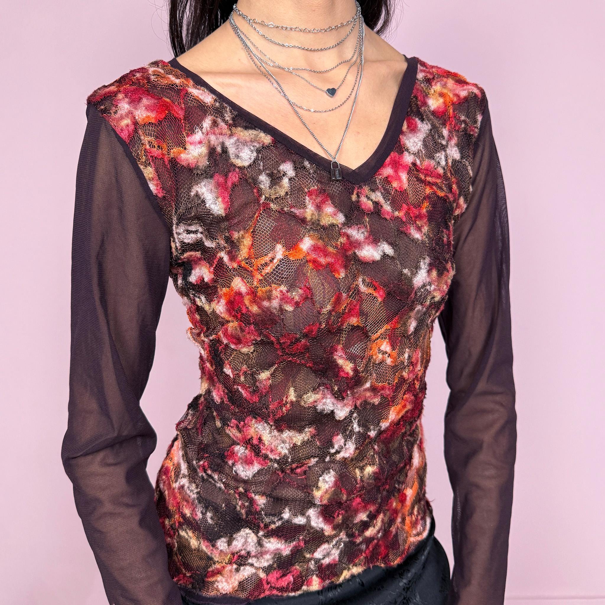 Vintage 2000s romantic dark purple semi sheer long sleeve top featuring layered mesh construction with a textured lace overlay in red and burgundy tones, creating a rich dimensional effect. Stretchy with a fitted silhouette, perfect for evening, spring, or night wear with a soft fairycore feel. Made in France from a polyester blend. Great vintage condition.