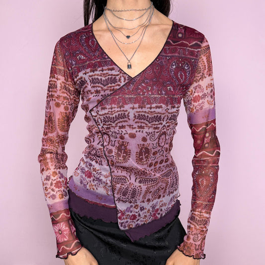 Vintage 2000s boho purple lilac abstract paisley graphic print mesh long sleeve fitted stretchy top with an asymmetric front detail and V-neck. Lightweight with a soft sheer texture, perfect for spring or autumn layering with a whimsical fairycore feel. Excellent vintage condition.