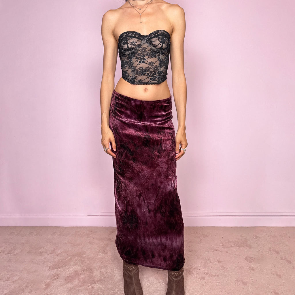 Whimsical boho fairy vintage 90s A-line midi skirt in a purple-plum shade, featuring tie-dye crushed velvet, a stretchy elastic waist, and a flowy fit. A maximalist, bold statement piece. Can be worn mid-rise for size S or lower on the hips for sizes XS and S. Great vintage condition.