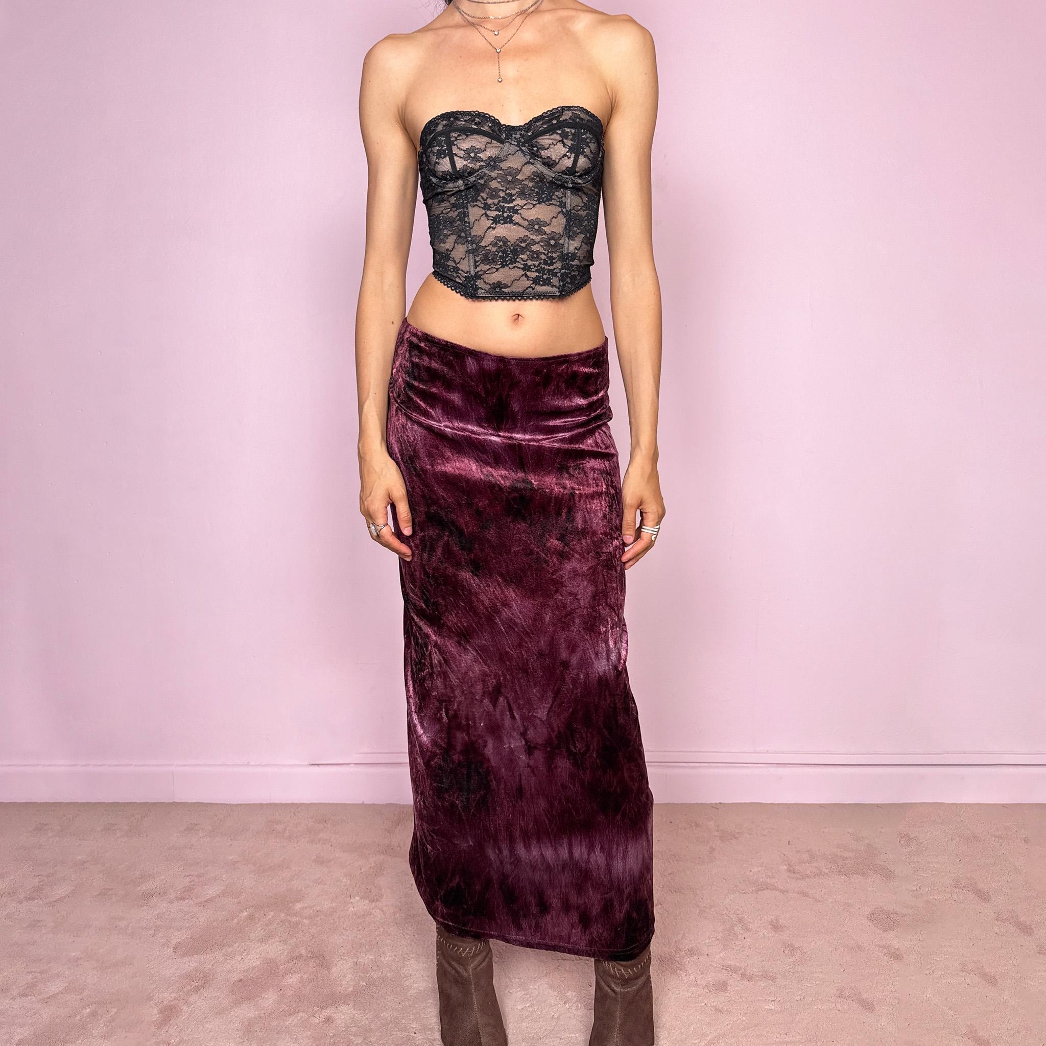 Whimsical boho fairy vintage 90s A-line midi skirt in a purple-plum shade, featuring tie-dye crushed velvet, a stretchy elastic waist, and a flowy fit. A maximalist, bold statement piece. Can be worn mid-rise for size S or lower on the hips for sizes XS and S. Great vintage condition.