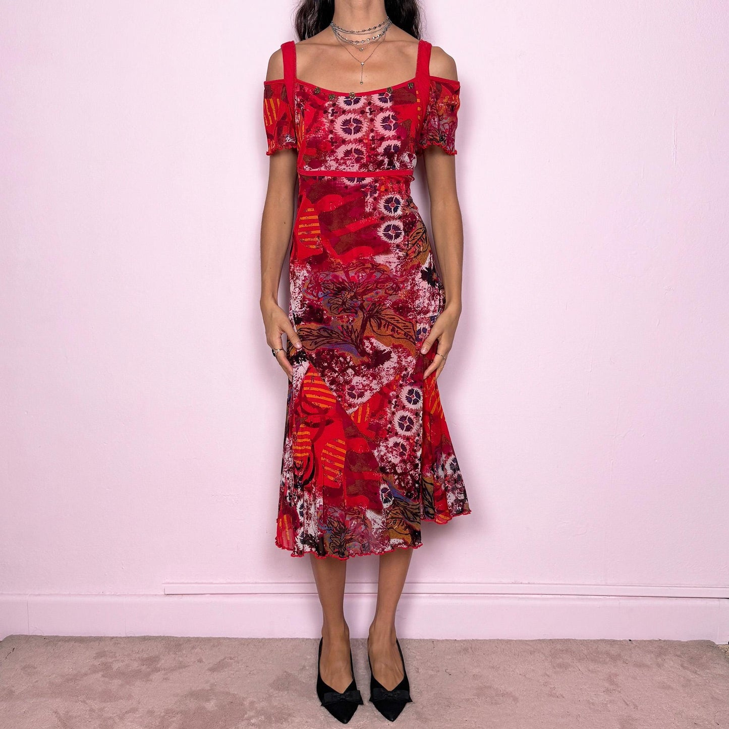 Unique statement vintage 2000s red multicolored abstract graphic-print midi dress featuring a semi-sheer mesh overlay, red lining and cut-out shoulder short sleeves. Ideal for a colorful party look or a pop-color casual everyday outfit, with a weird-girl artistic aesthetic. Made from a stretchy polyamide viscose blend. Great vintage condition.