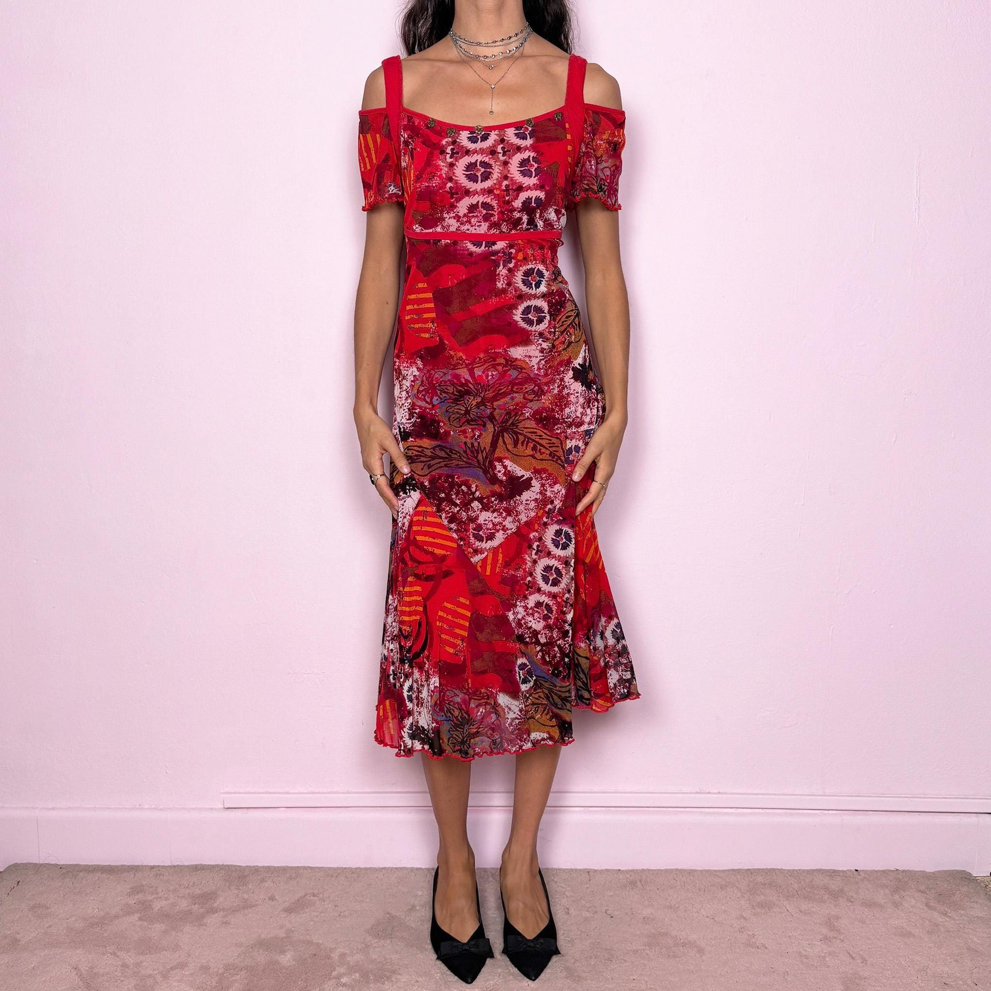 Unique statement vintage 2000s red multicolored abstract graphic-print midi dress featuring a semi-sheer mesh overlay, red lining and cut-out shoulder short sleeves. Ideal for a colorful party look or a pop-color casual everyday outfit, with a weird-girl artistic aesthetic. Made from a stretchy polyamide viscose blend. Great vintage condition.