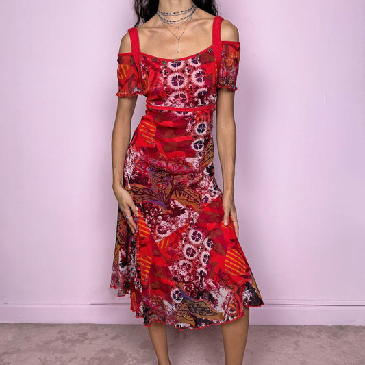 Unique statement vintage 2000s red multicolored abstract graphic-print midi dress featuring a semi-sheer mesh overlay, red lining and cut-out shoulder short sleeves. Ideal for a colorful party look or a pop-color casual everyday outfit, with a weird-girl artistic aesthetic. Made from a stretchy polyamide viscose blend. Great vintage condition.