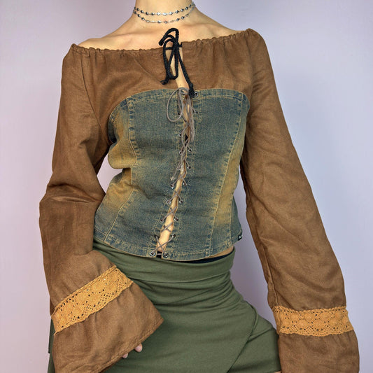 The Y2K Brown Denim Corset Top is a vintage 2000s statement piece blending earthy tones. Crafted with faux suede, this off-the-shoulder top features flared bell long sleeves adorned with crochet lace accents. adult world shop