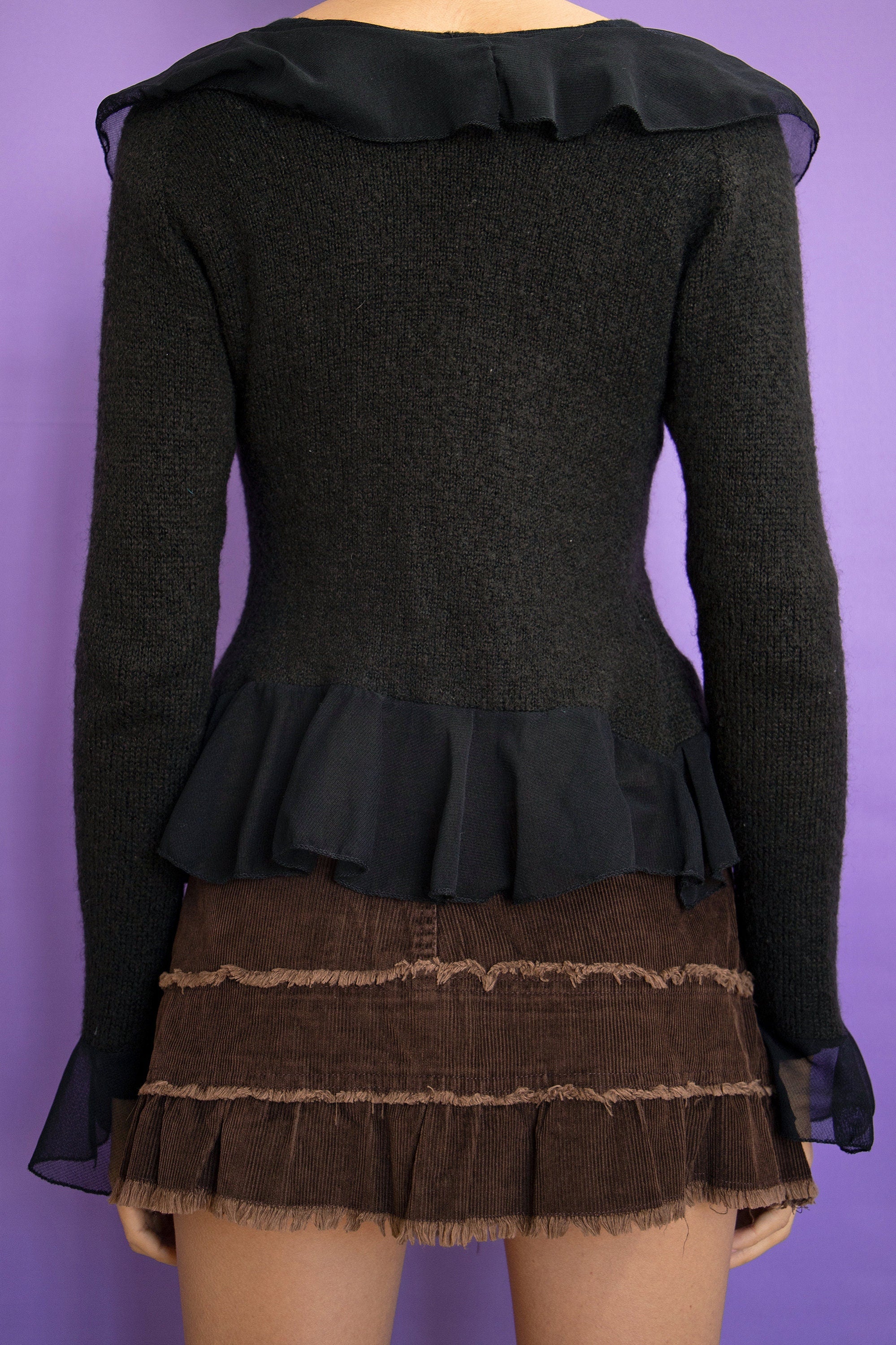 Vintage Y2K Black Knit Ruffle Tie Front Cardigan – Size XS