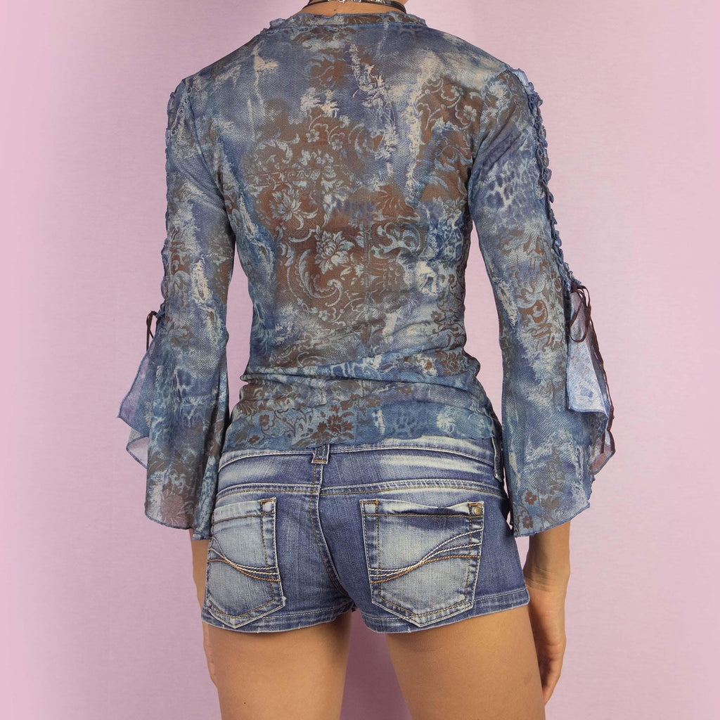 Vintage Y2K Blue Bell Sleeve Mesh Top – Size S