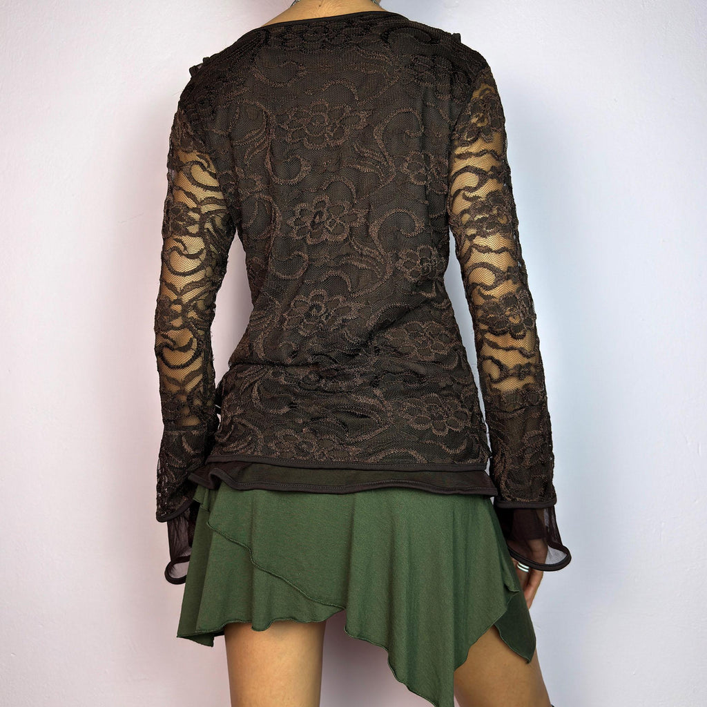Vintage Y2K Brown Lace Ruffle Bell Sleeve Top – Size M
