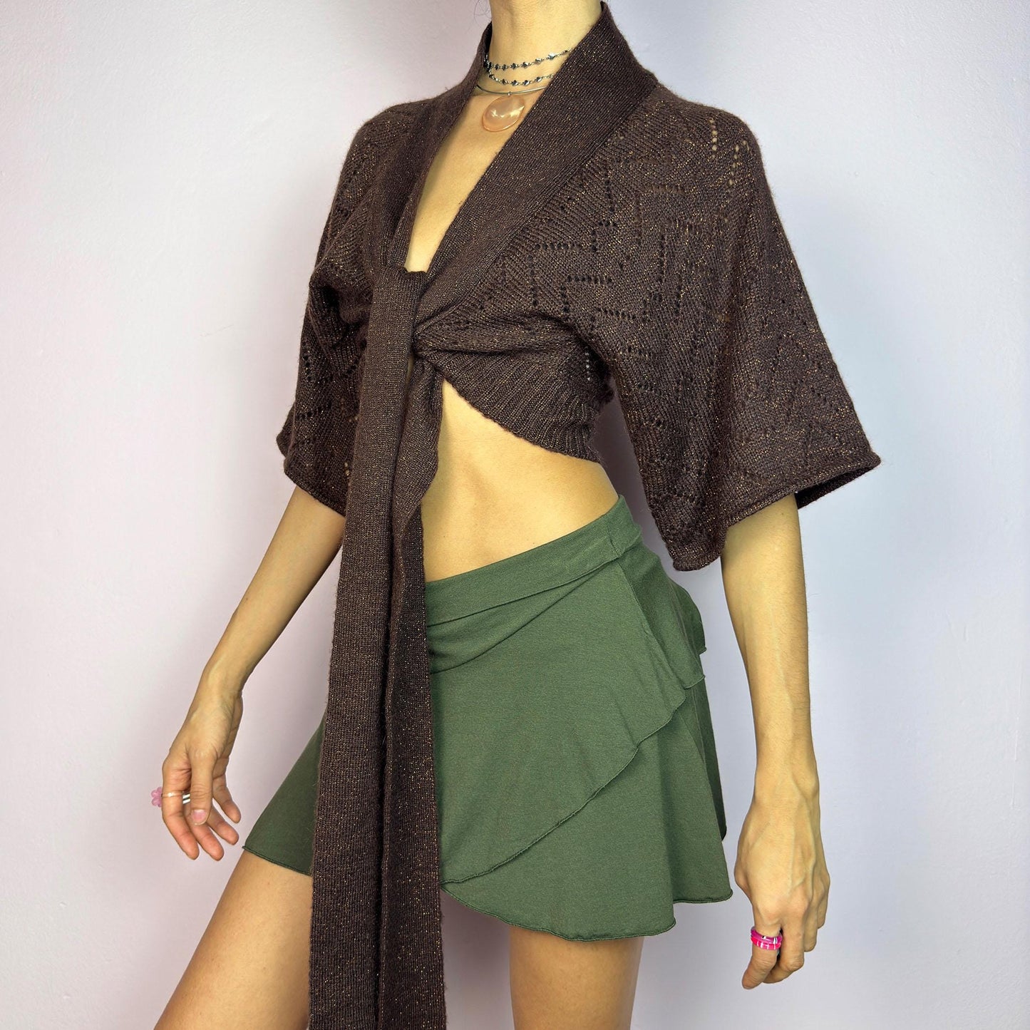 Vintage Y2K Brown Knit Tie Front Cardigan Bolero – Size L