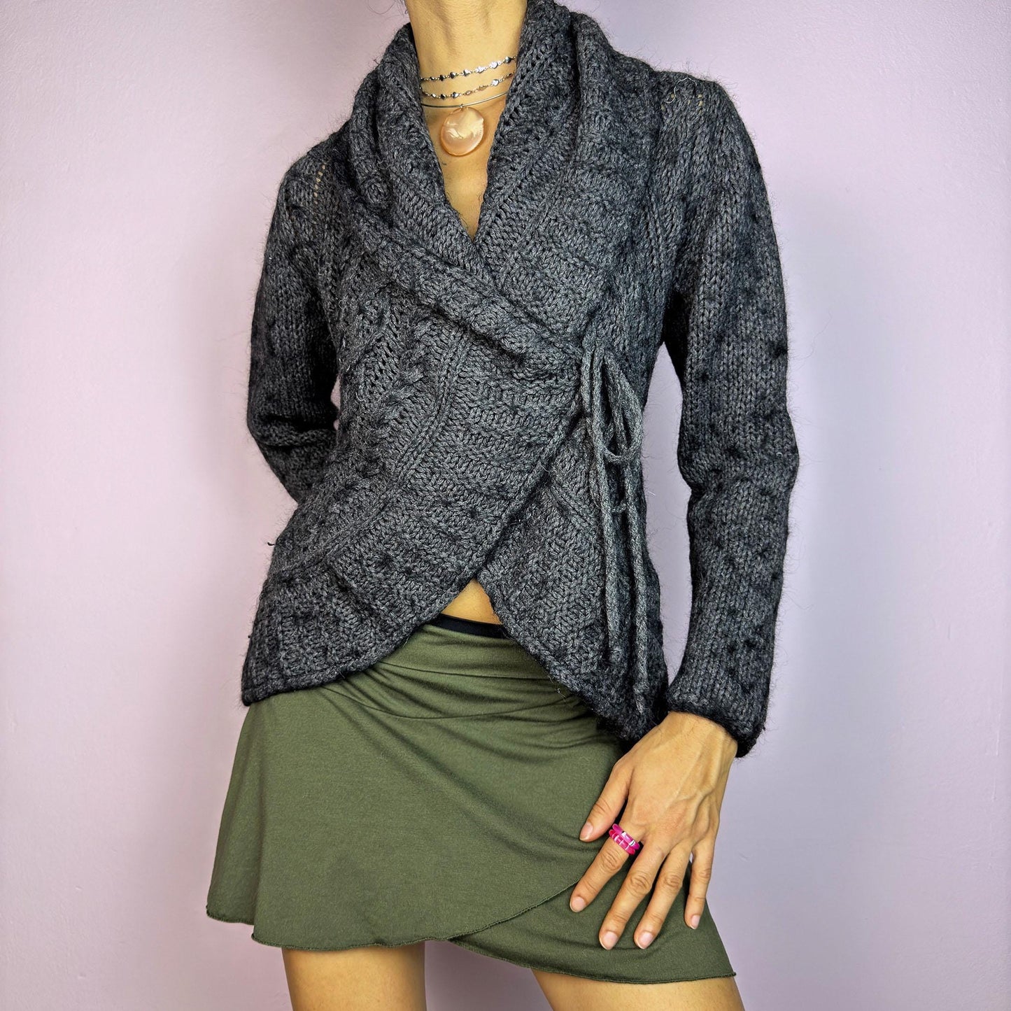 Vintage Y2K Dark Gray Wrap Tie Front Cardigan – Size M
