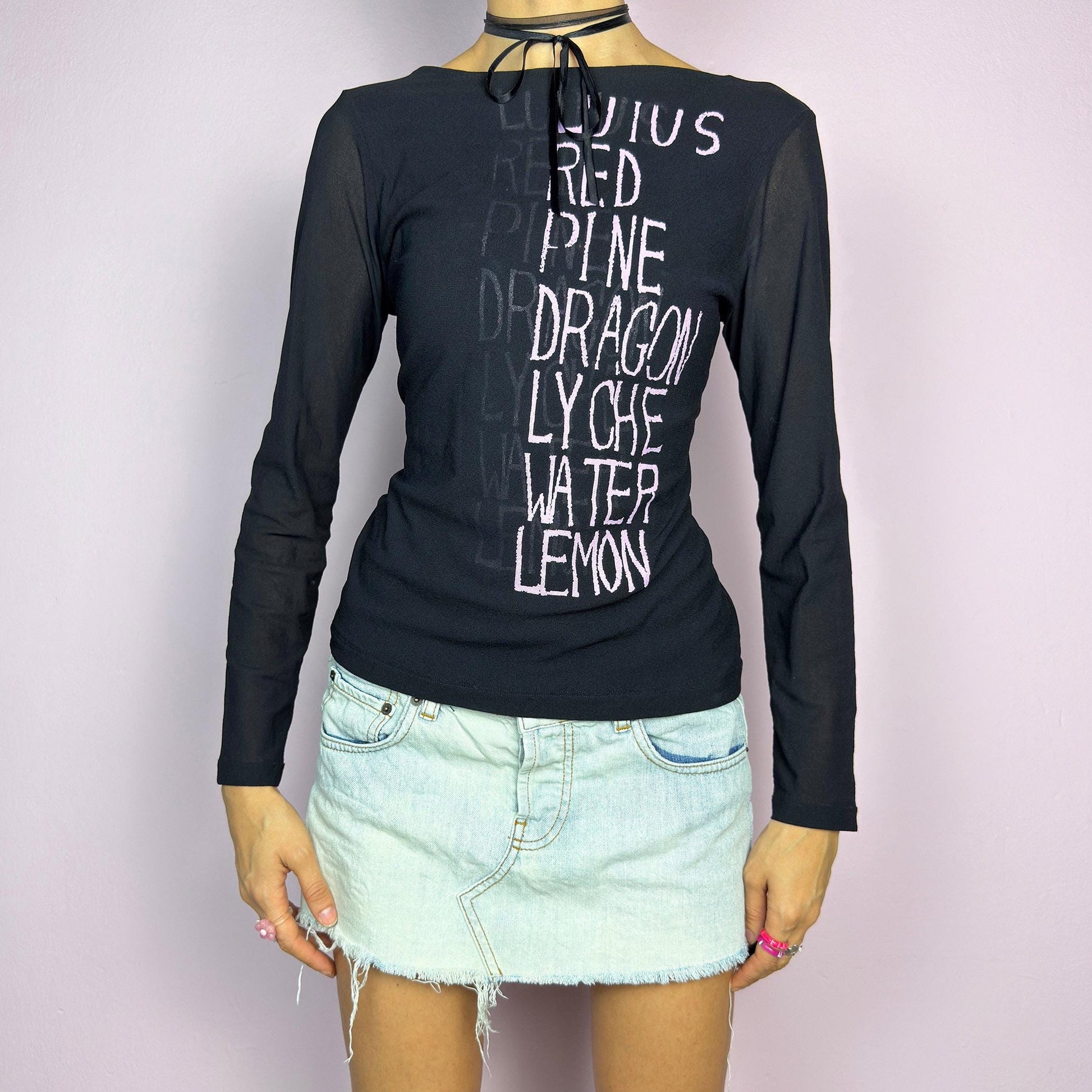 The Y2K Black Text Mesh Top is a vintage 2000s piece featuring a sheer mesh design with long sleeves, a scoop neckline and a words lettering print. Ideal for casual outfits. adult world shop