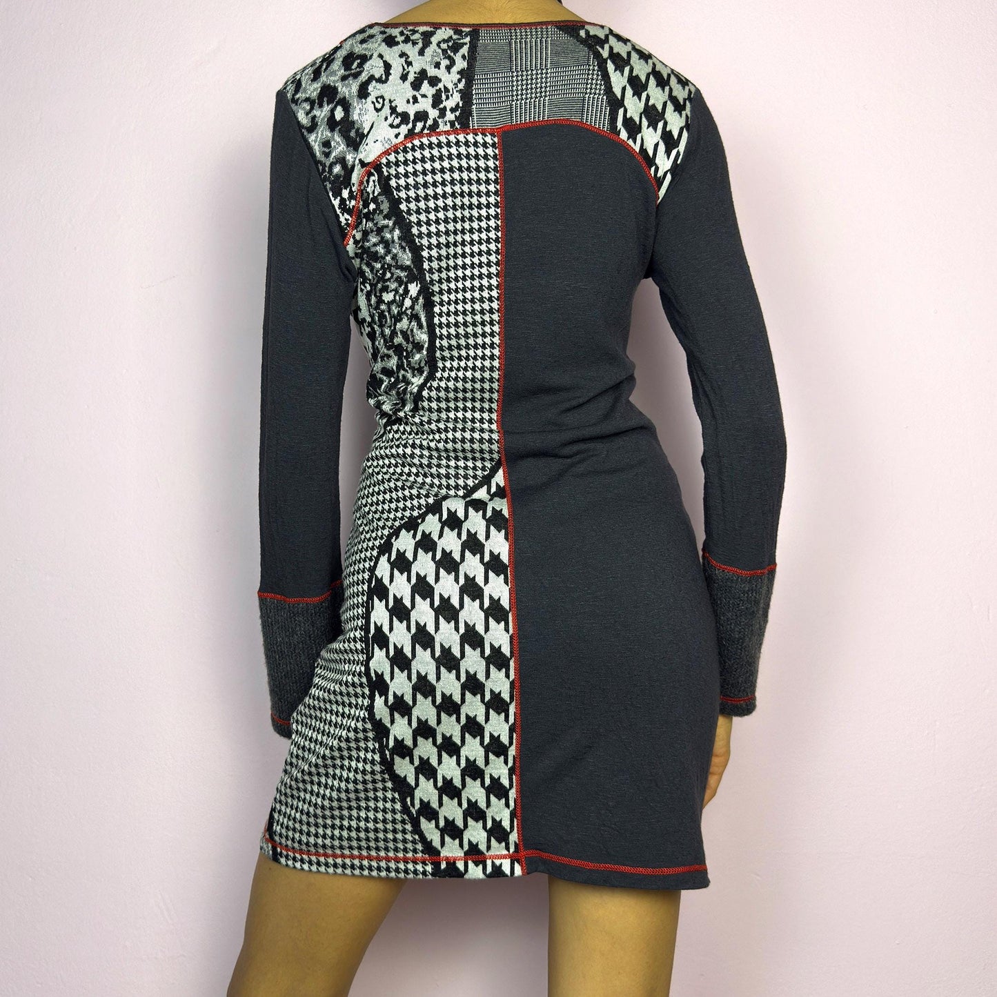 Vintage Y2K Gray Patchwork Mini Dress, Mixed Print – Size M
