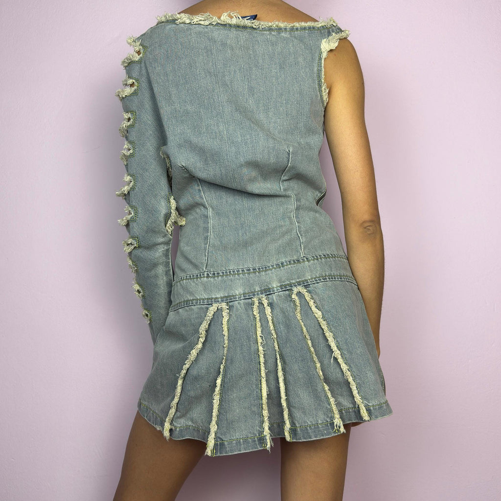 Vintage Y2K Distressed Denim Mini Dress, Asymmetric – Size S