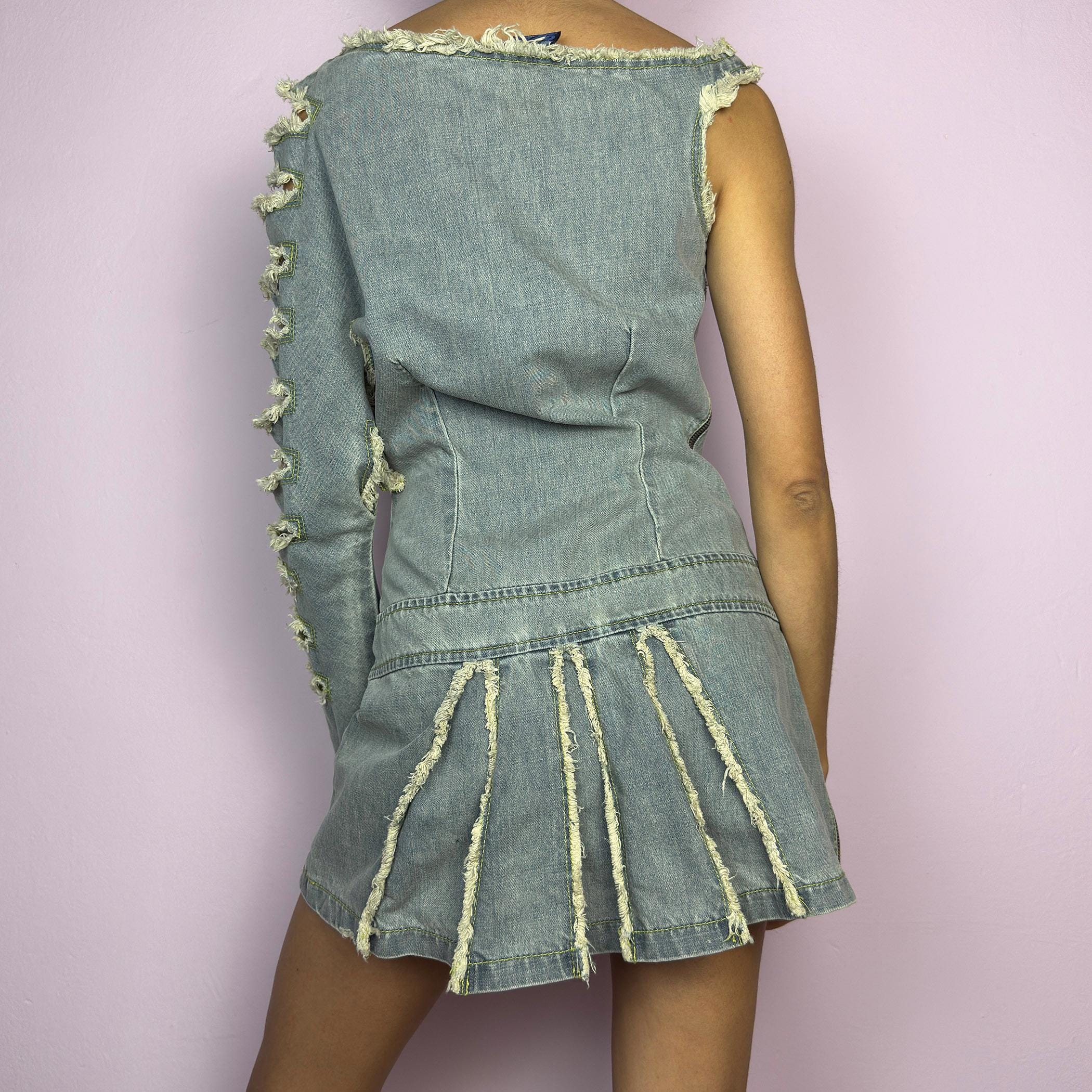 Vintage Y2K Distressed Denim Mini Dress, Asymmetric – Size S