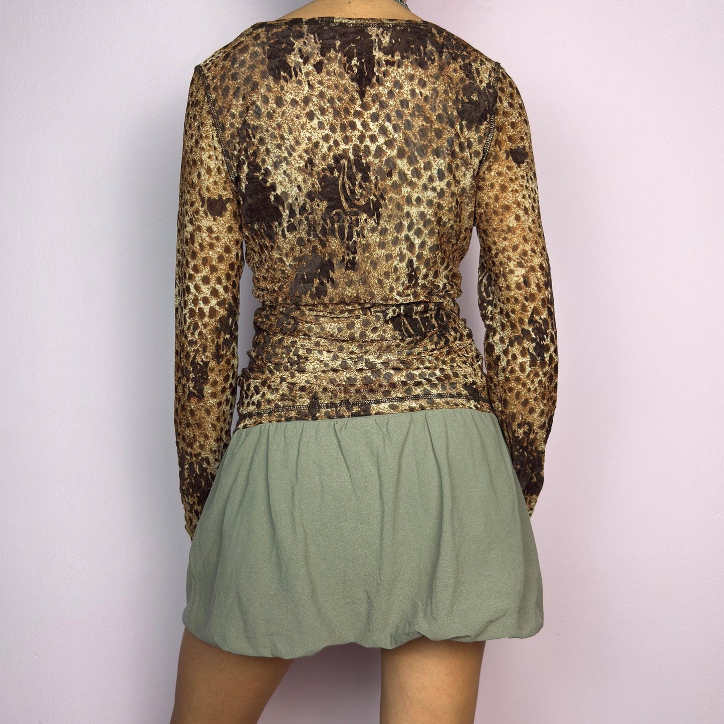 Vintage Y2K Leopard Long Sleeve Mesh Top, Animal Print – Size M