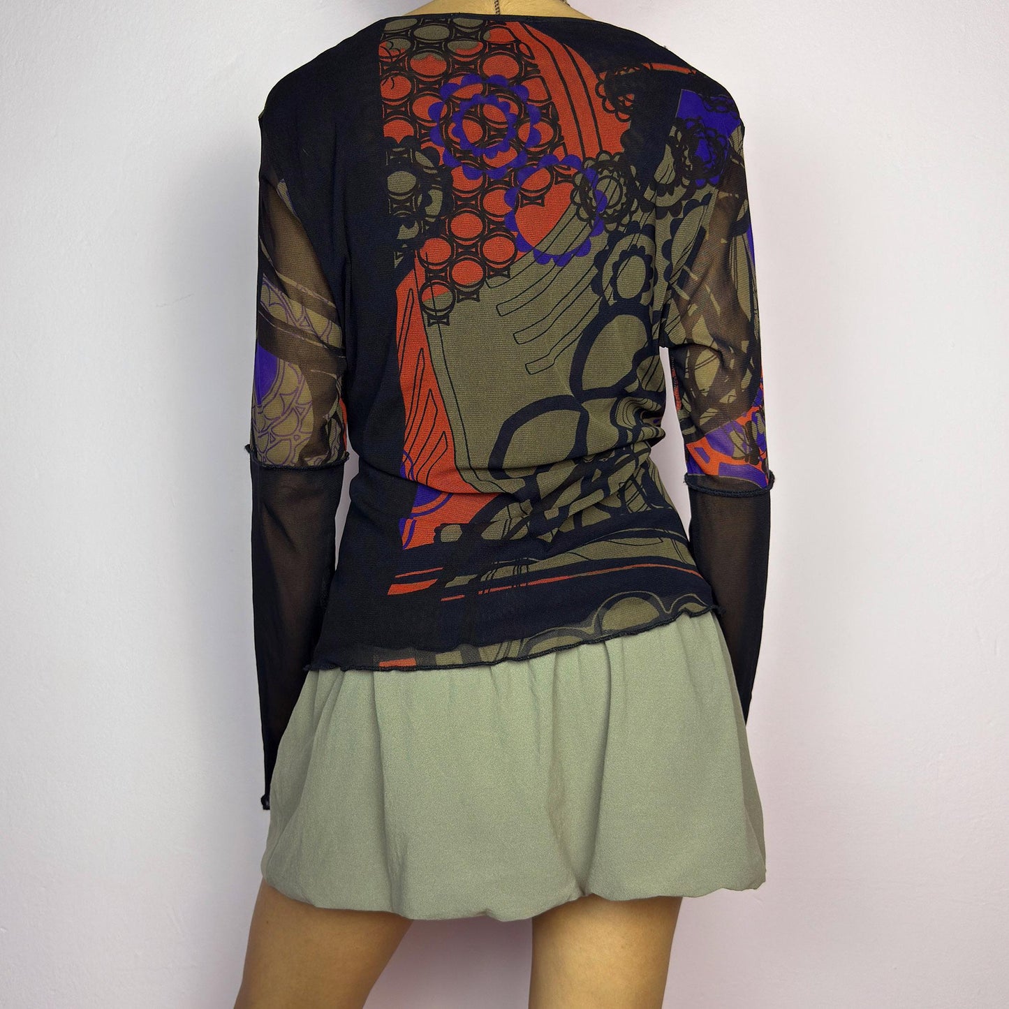 Vintage Y2K Abstract Print Mesh Long Sleeve Sheer Top – Size L