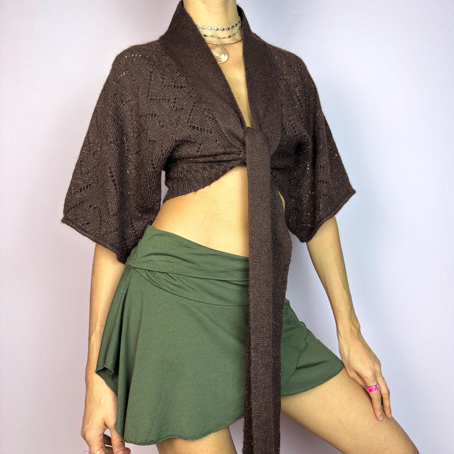 Vintage Y2K Brown Knit Tie Front Cardigan Bolero – Size L