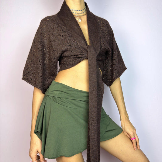 Vintage Y2K Brown Tie Front Cardigan, Cropped Knit Bolero – Size L