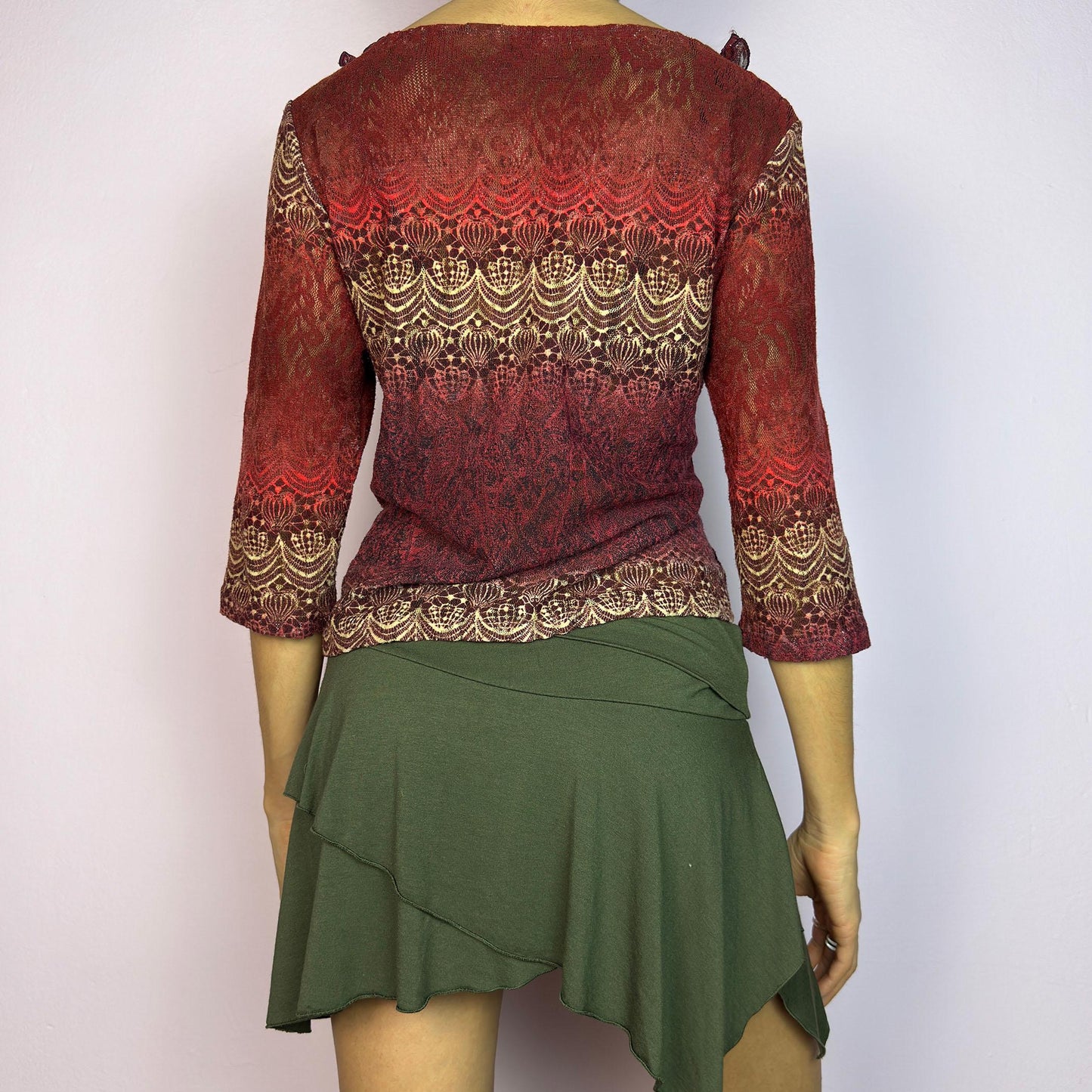 Vintage Y2K Maroon Ruffle Mesh Sheer Top – Size L