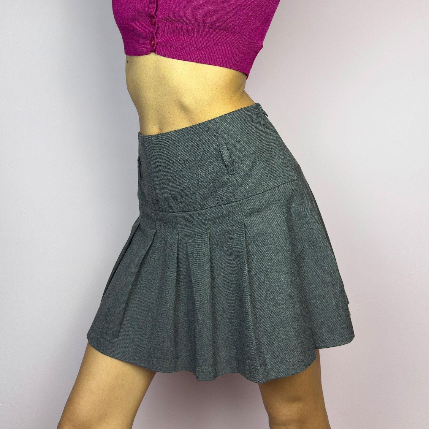 The Y2K Gray Pleated Mini Skirt is a vintage 2000s essential, featuring a structured pleated design and a side zipper closure. Made from a thick woven fabric, is perfect for preppy, grunge, or casual outfits. adult world shop
