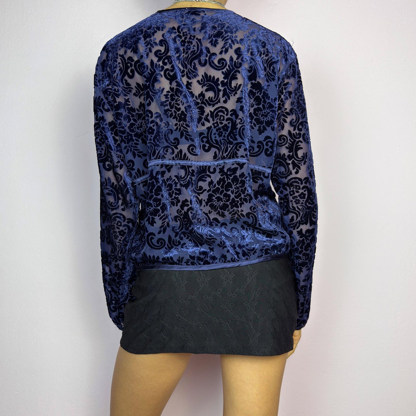 Vintage 90s Navy Velvet Tie Front Sheer Blouse – Size L