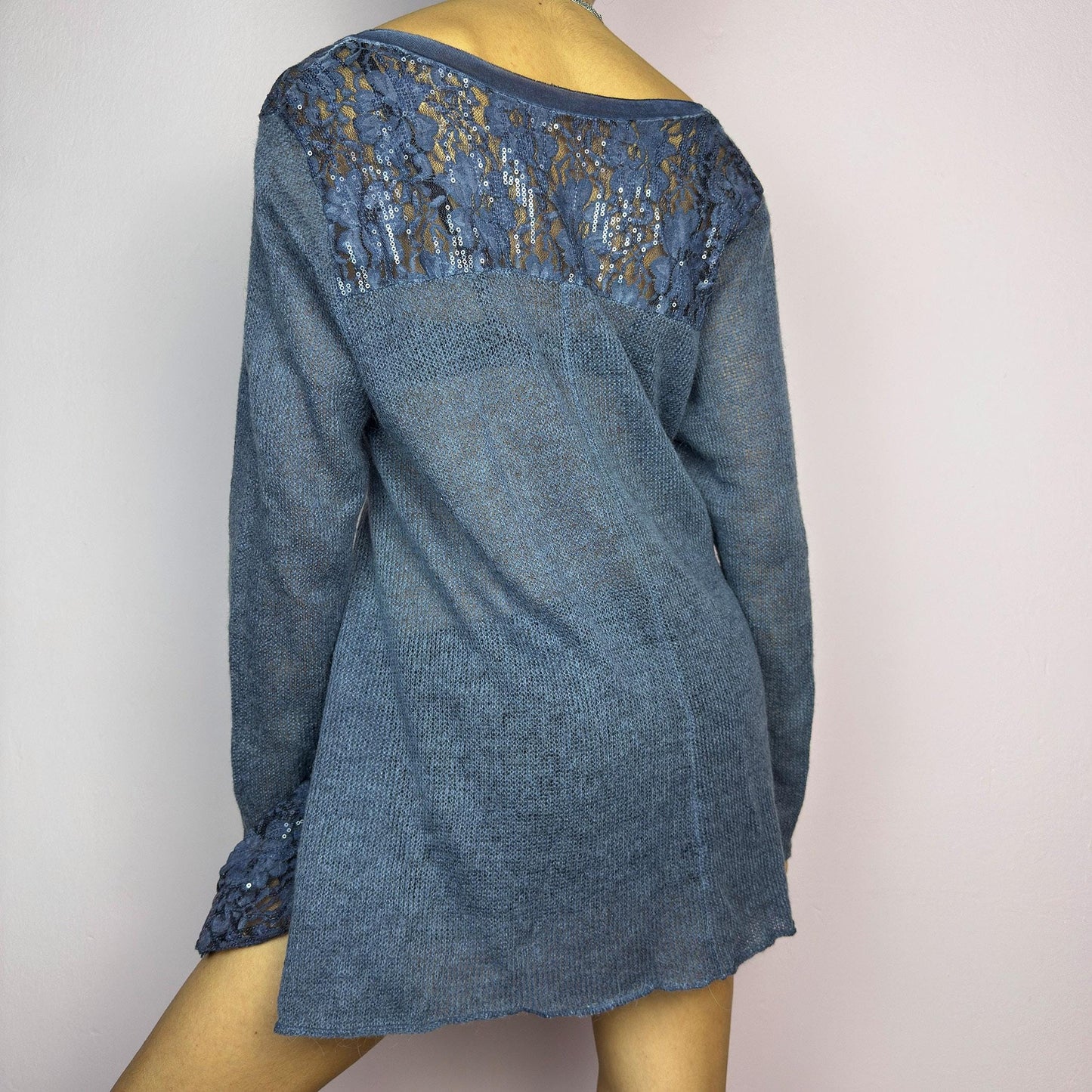Vintage Y2K Blue Lace Sheer Asymmetric Sweater – Size L