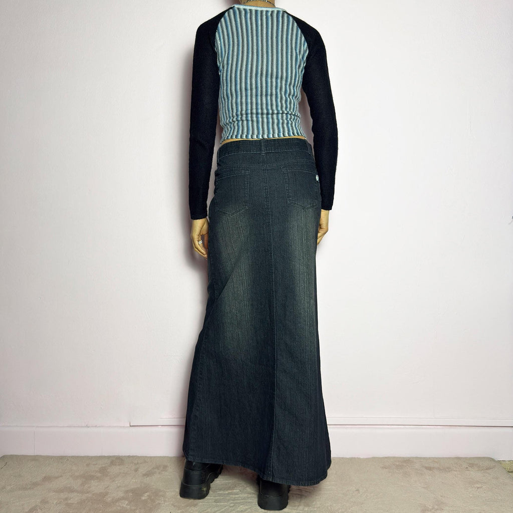 Vintage Black Dark Denim Belted Maxi Skirt (XS)