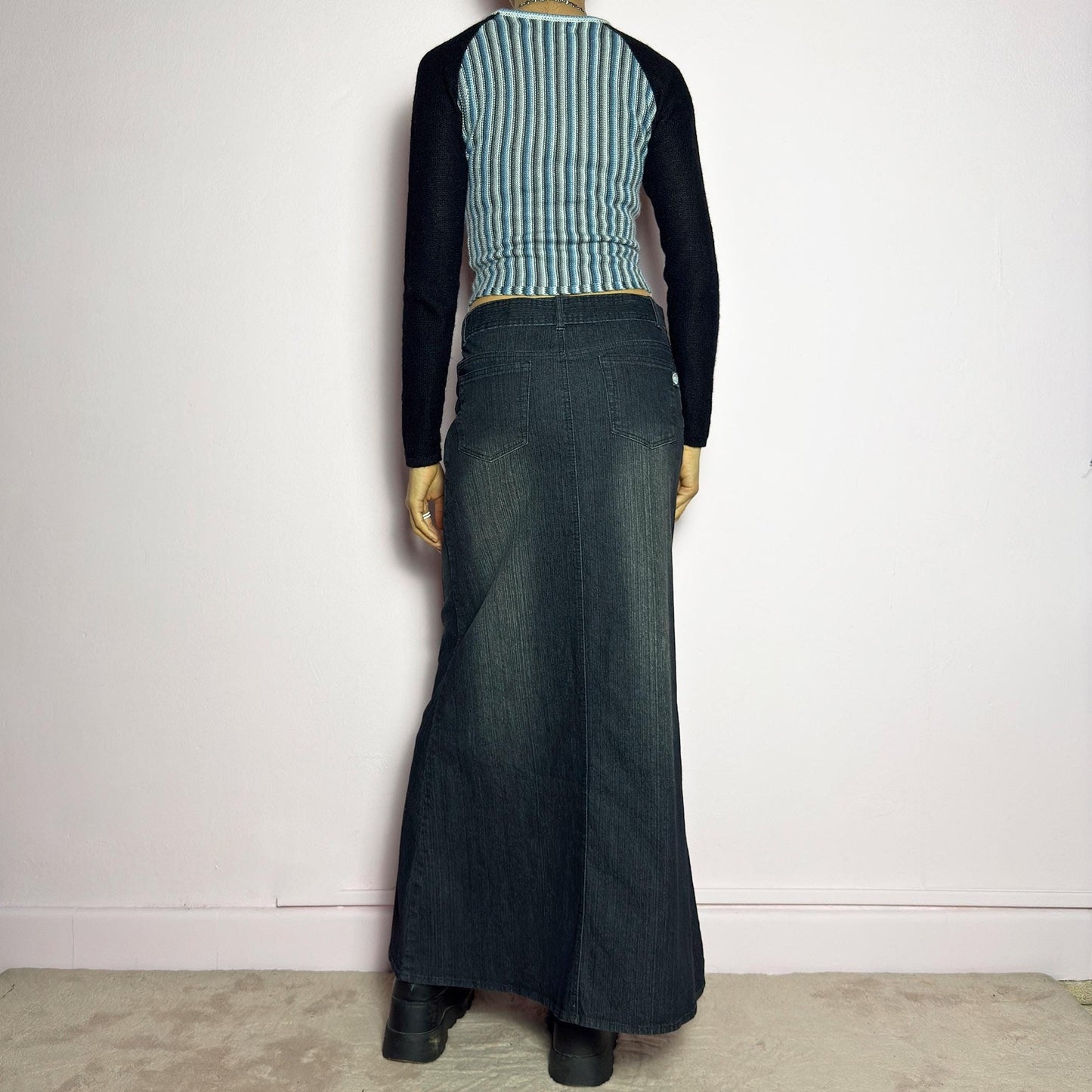 Vintage Y2K Black Dark Denim Belted Maxi Skirt – Size XS