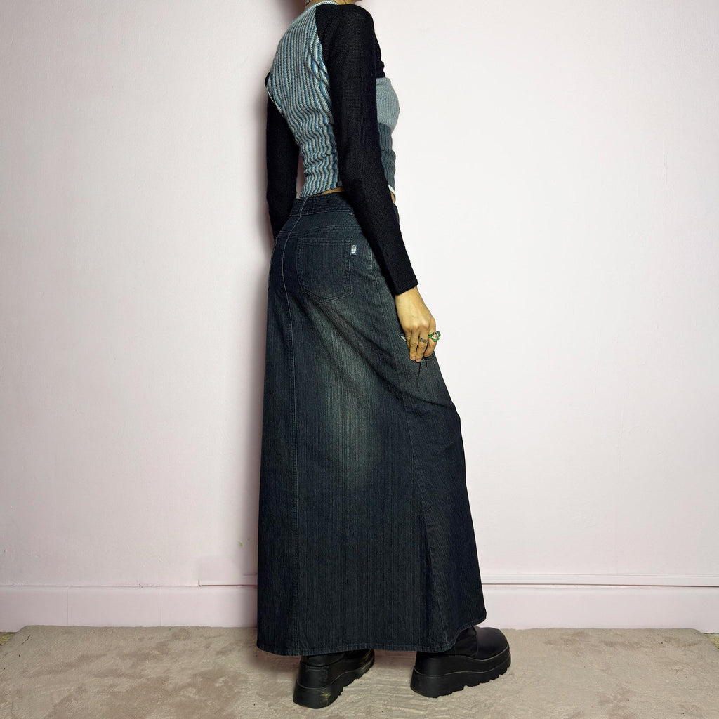 Vintage Black Dark Denim Belted Maxi Skirt (XS)