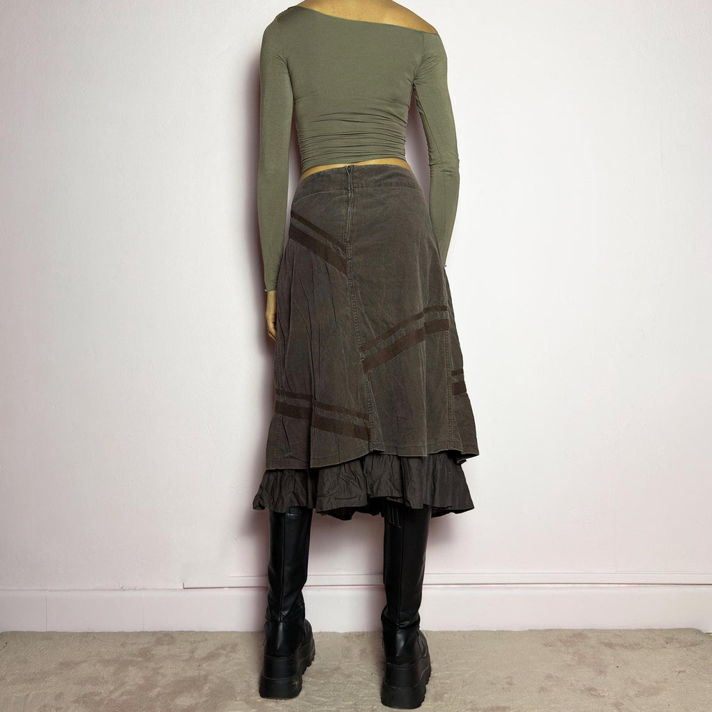 Vintage Brown Layered Asymmetric Wrap Ruffle Corduroy Midi Skirt (L)