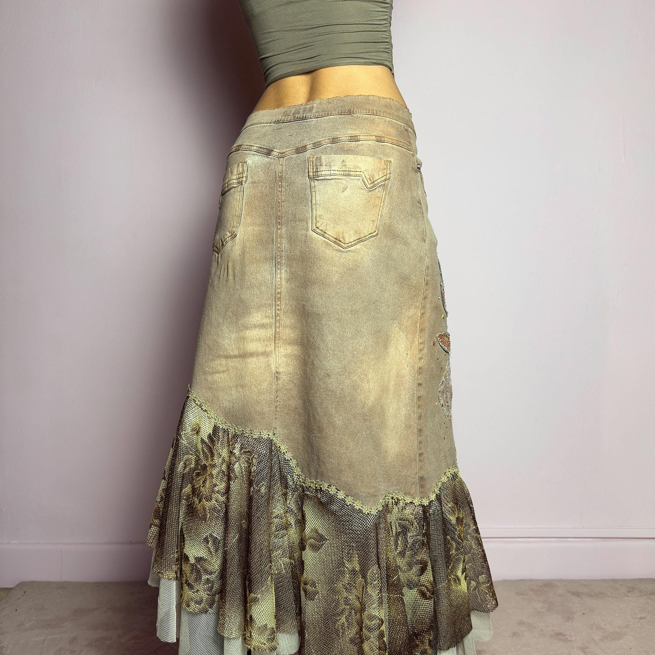 Vintage Denim Asymmetric Ruffle Midi Skirt, Embellished (S)