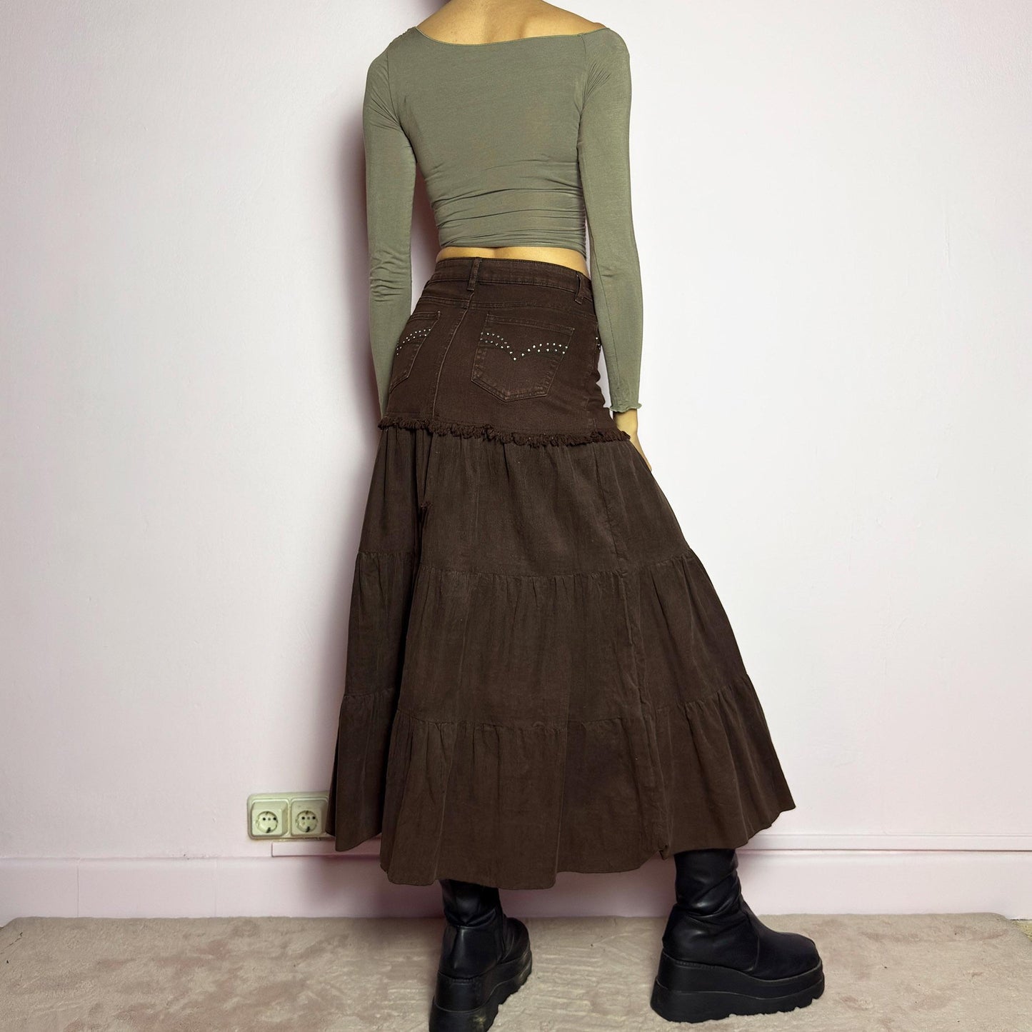 Vintage Y2K Brown Denim Tiered Midi Skirt – Size XS