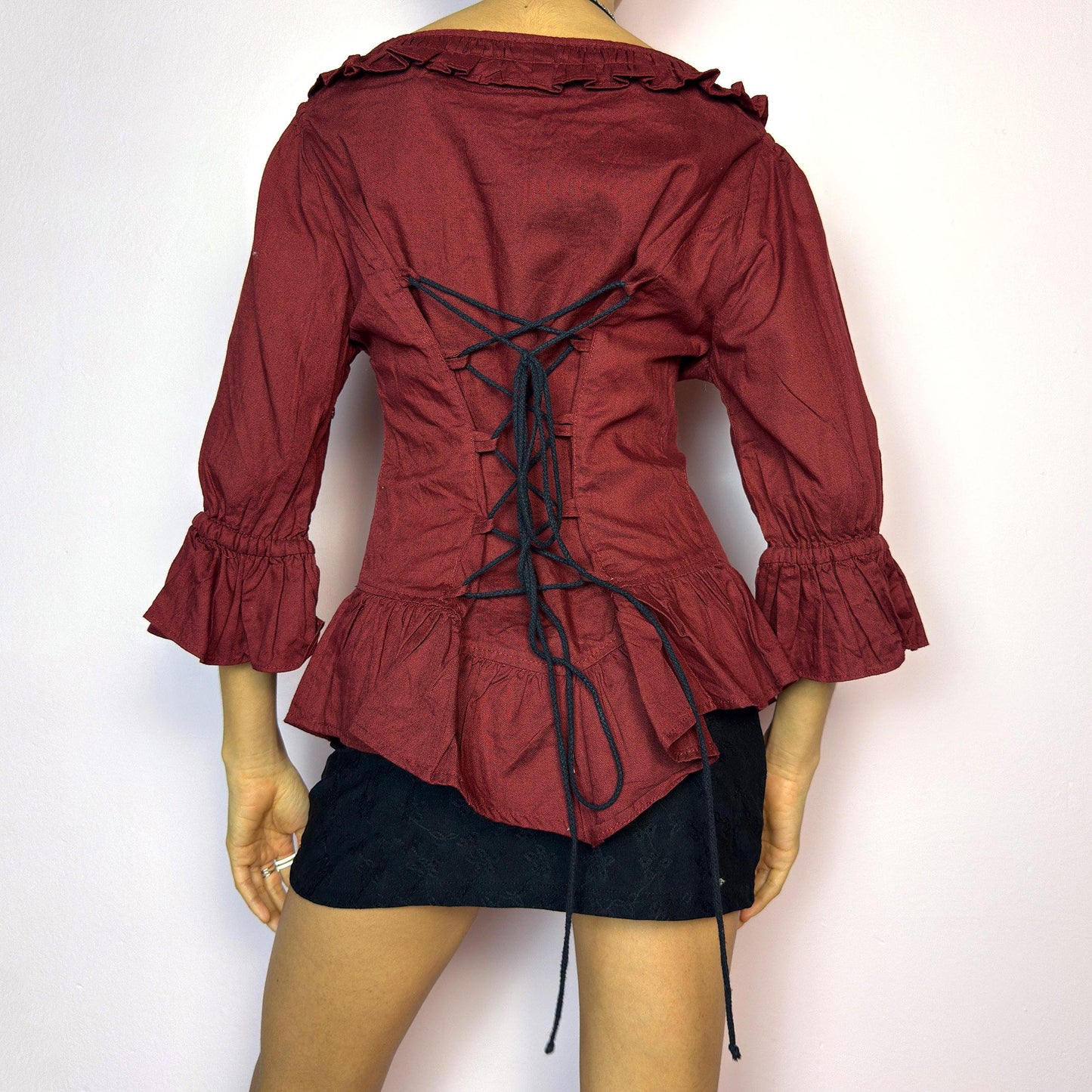 Vintage 90s Maroon Ruffle Lace Up Corset Top – Size L
