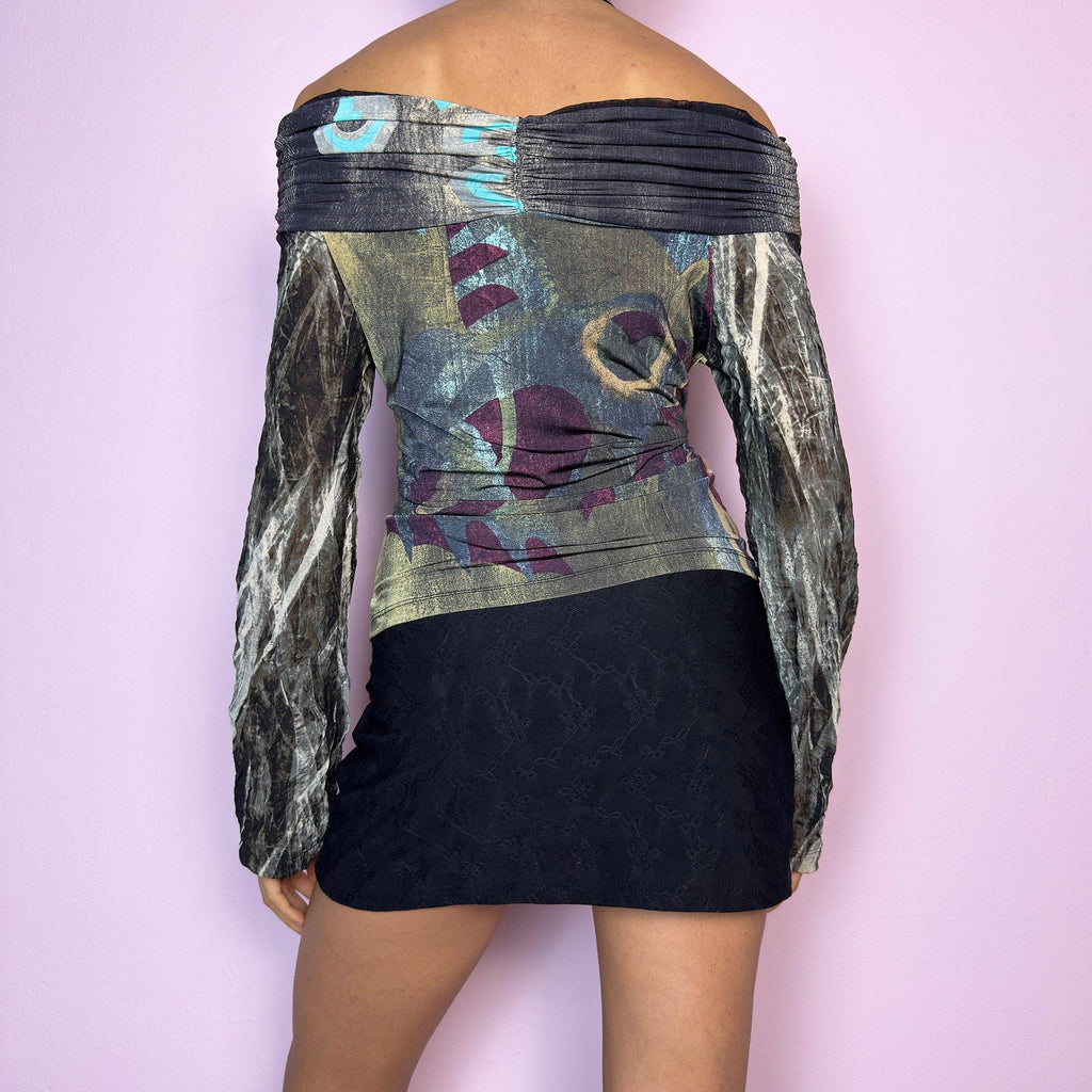Vintage Y2K Art Print Off Shoulder Long Sleeve Top – Size S