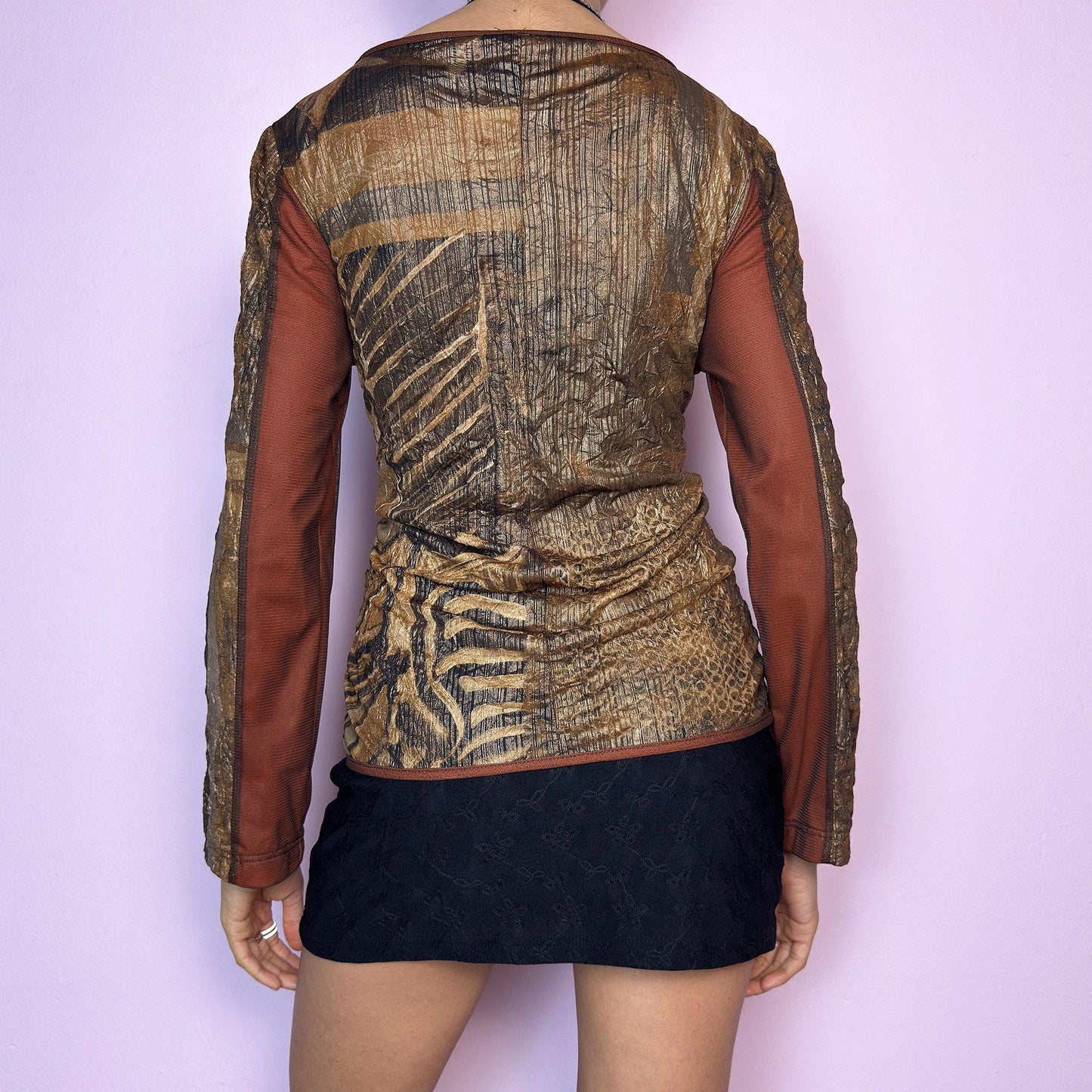 Vintage Y2K Brown Print Mesh Overlay Top – Size S