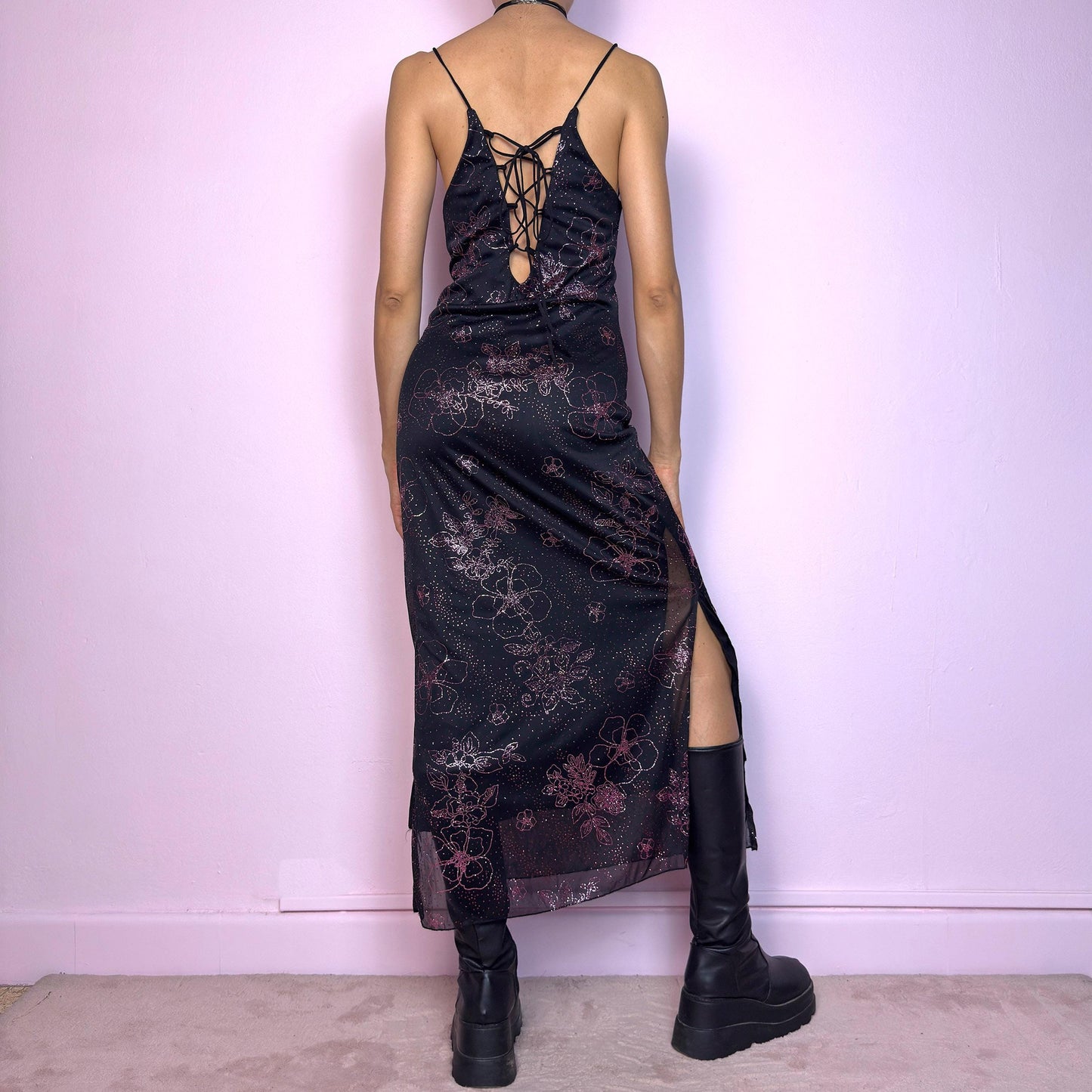 Vintage Y2K Black Glitter Lace Up Midi Dress – Size S