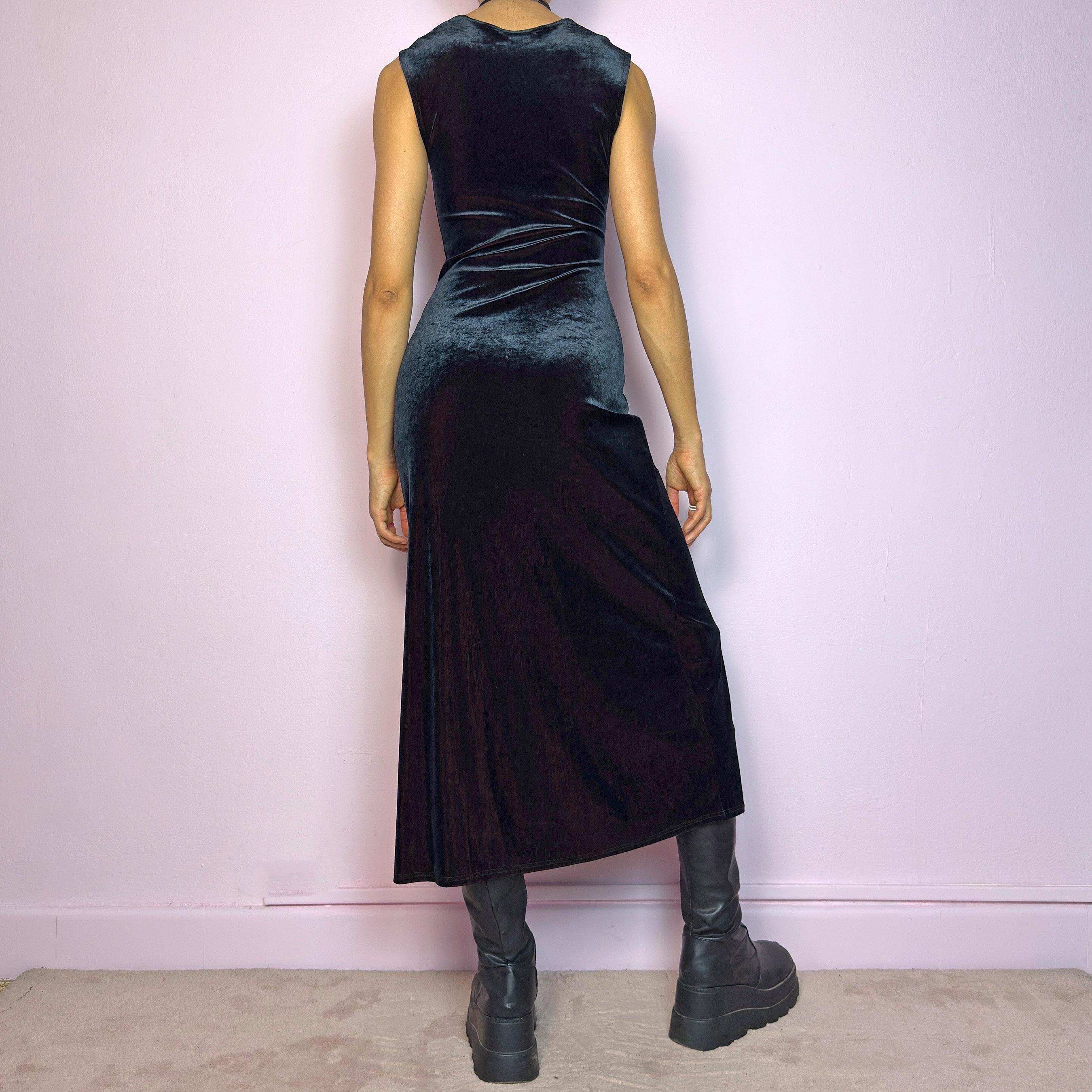 Vintage Black Velvet Sleeveless Midi Dress (XS)