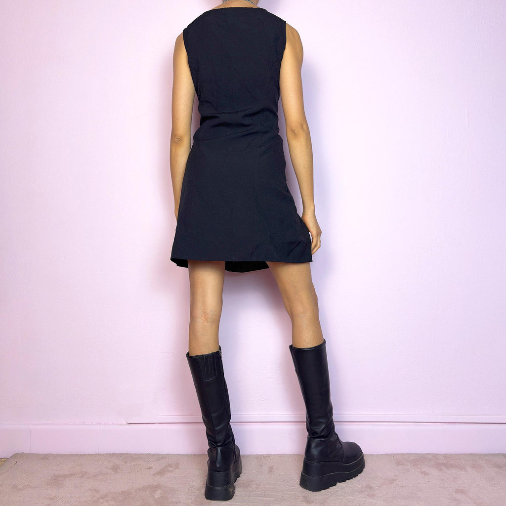 Vintage Y2K Black Pleated Sleeveless Structured Mini Dress – Size M