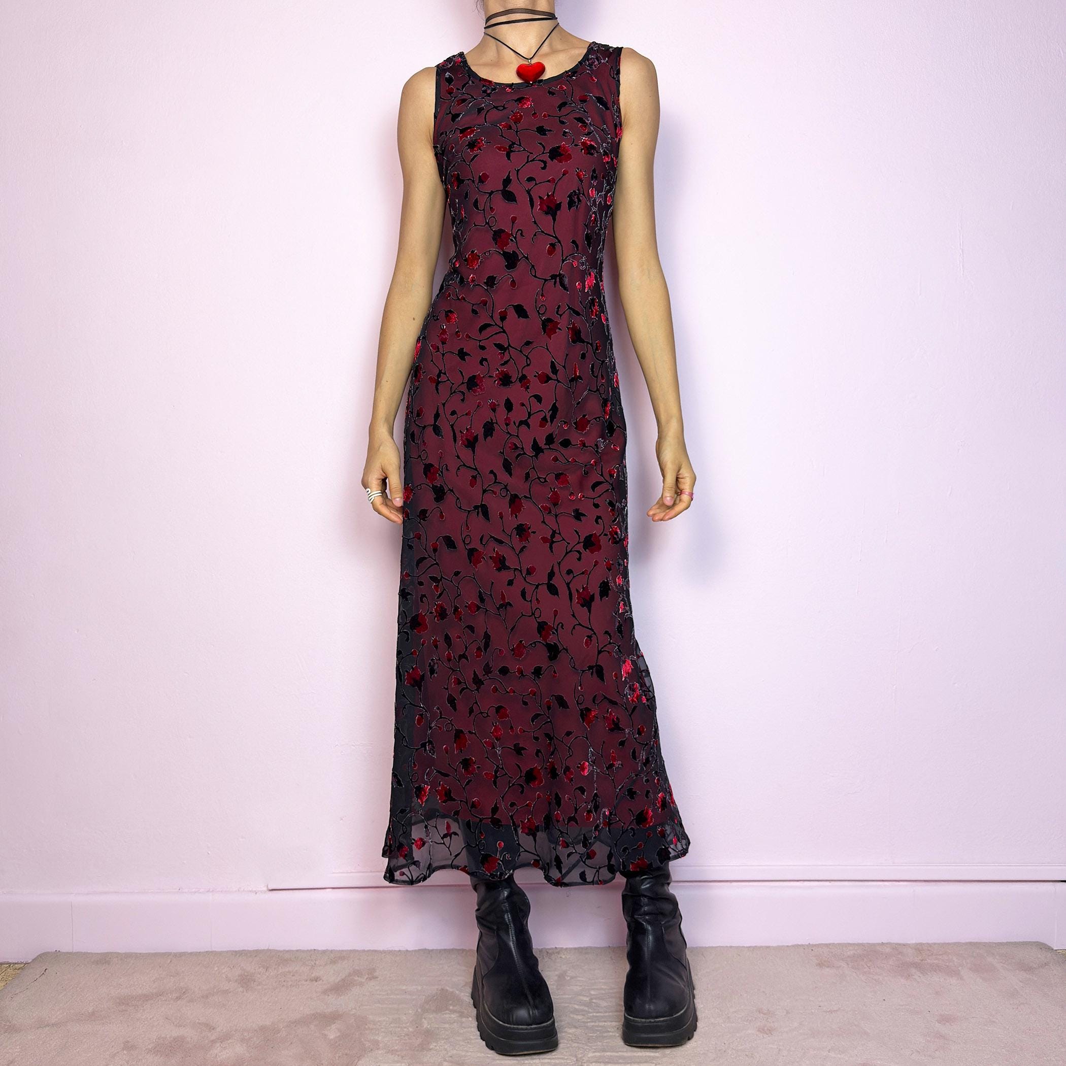 Vintage 90s Black Sheer Floral Velvet Midi Sleeveless Dress – Size M –  Wanda Core