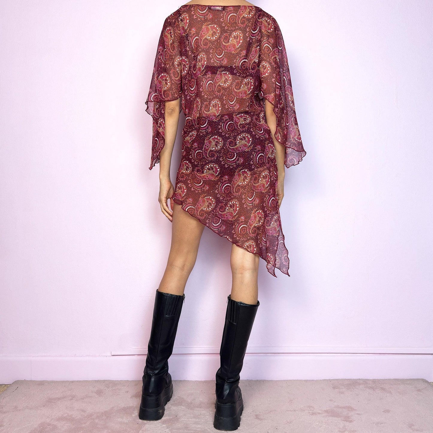 Vintage Y2K Maroon Asymmetric Paisley Sheer Mini Dress – Size M