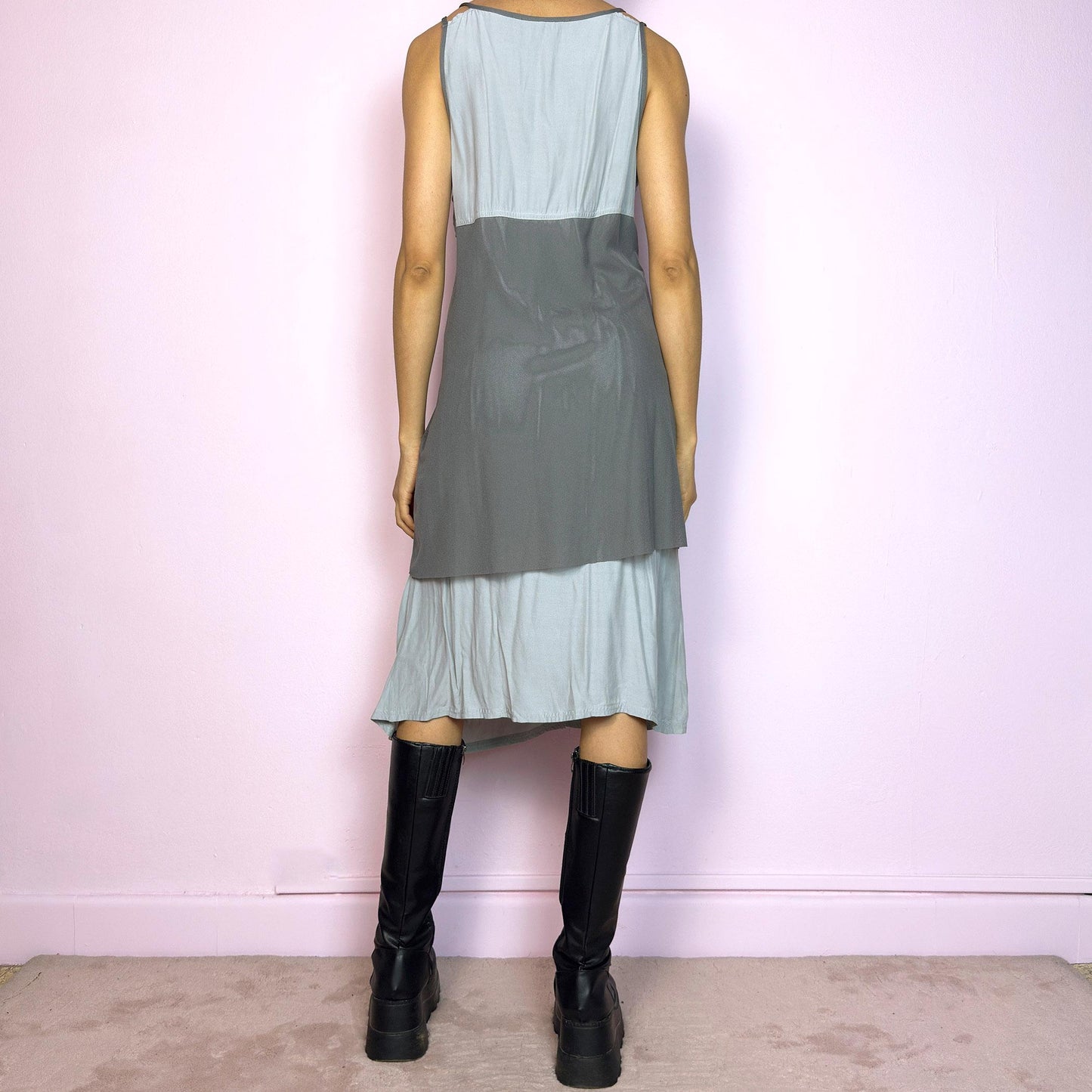 Vintage Y2K Gray Layered Midi Dress, Draped Mesh – Size L