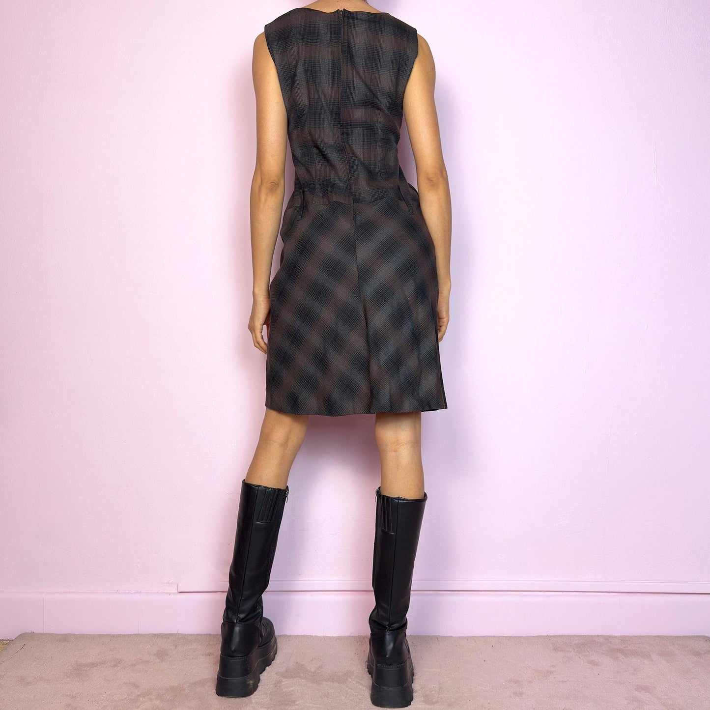 Vintage Y2K Brown Sleeveless Plaid Mini Pencil Dress – Size S