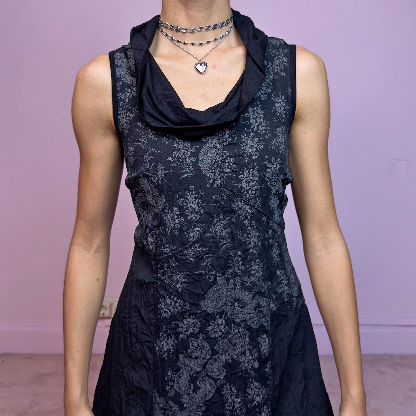 Vintage Y2K Black Paisley Asymmetric Cowl Sleeveless Mini Dress – Size M