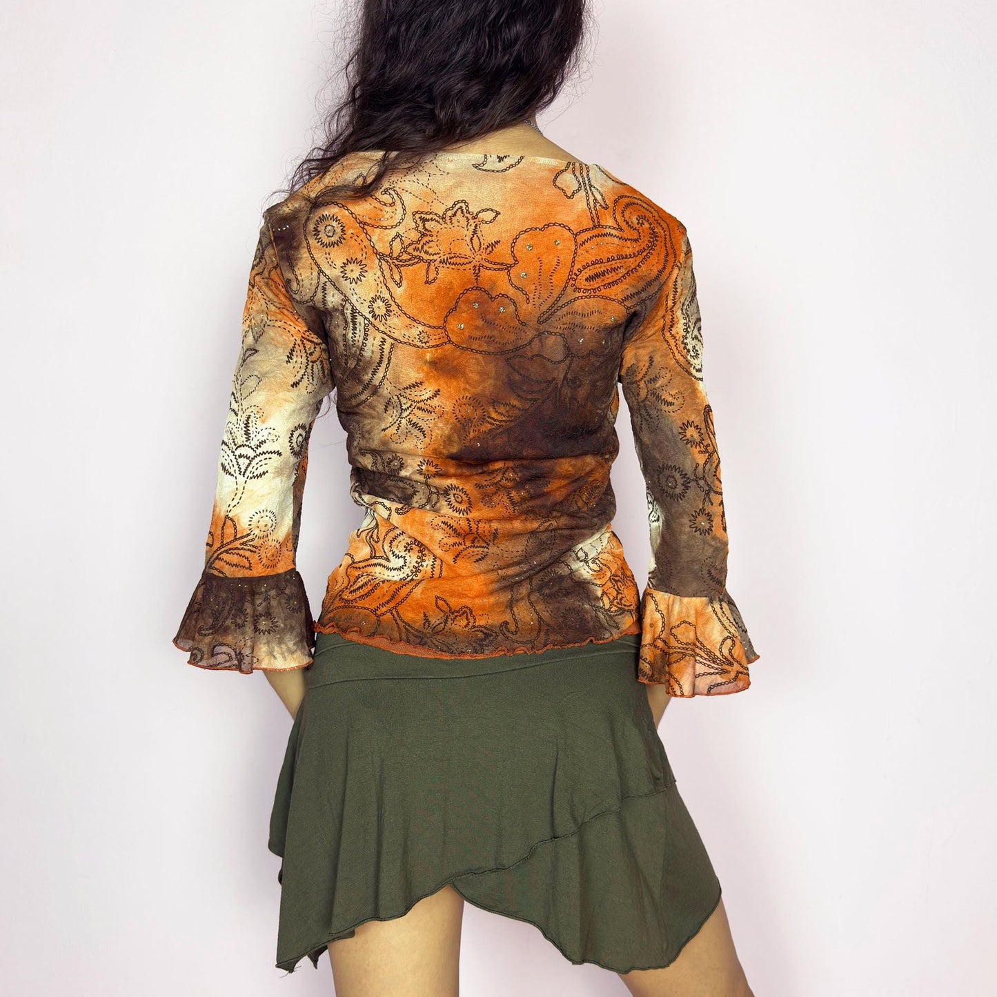 Vintage Y2K Mesh Tie Dye Top, Paisley Glitter Bell Sleeve – Size M