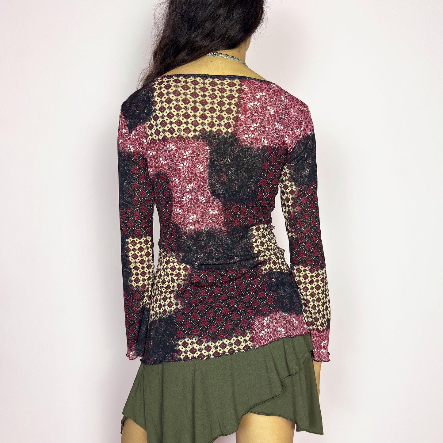 Vintage Y2K Patchwork Bell Sleeve Mesh Top – Size M