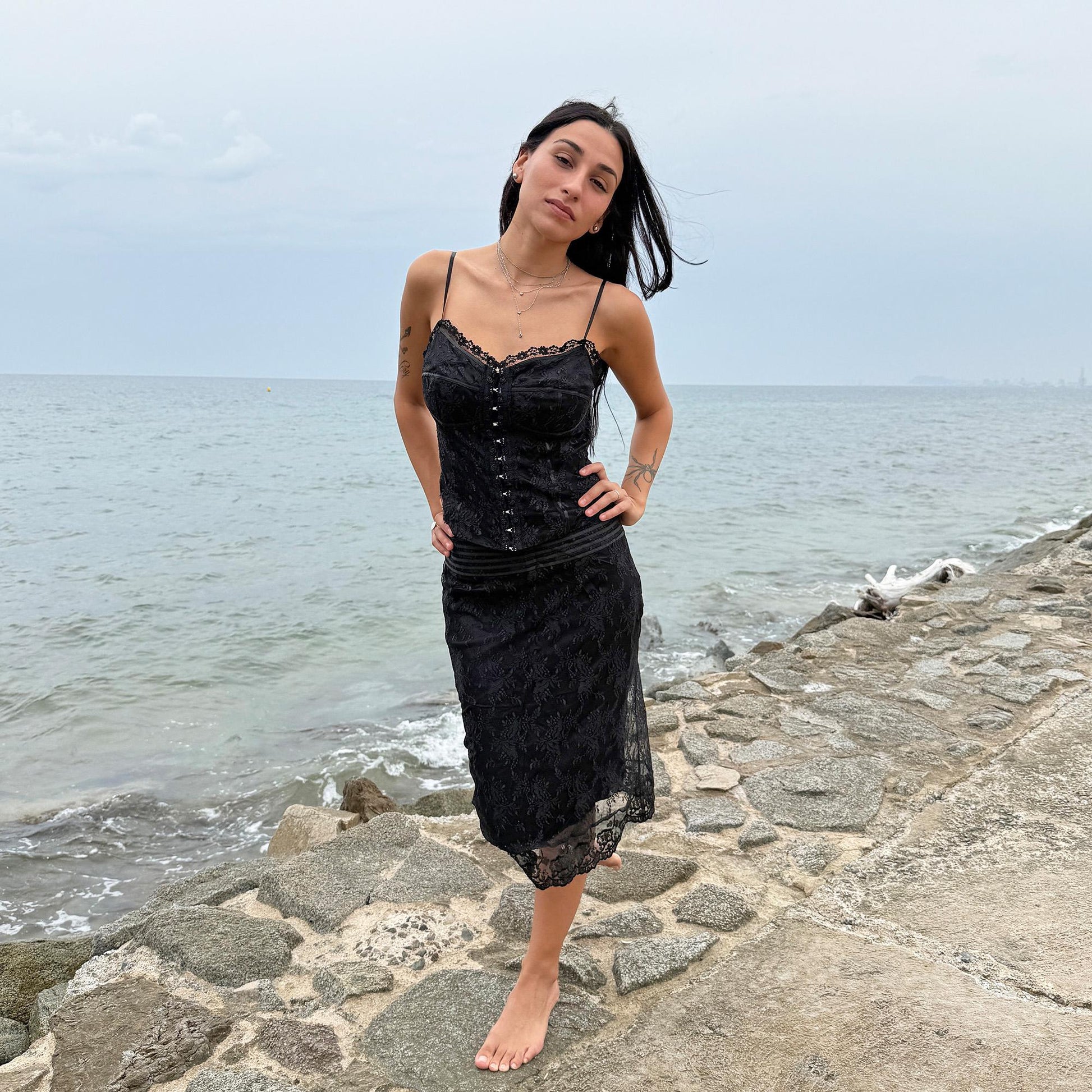 chinese dress ladies Vintage 90s Black Lace Corset Top Midi Skirt Set – Size S – Wanda Core