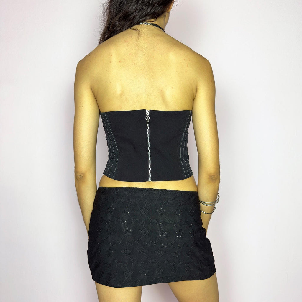 Vintage Y2K Black Pinstripe Strapless Corset Top – Size M