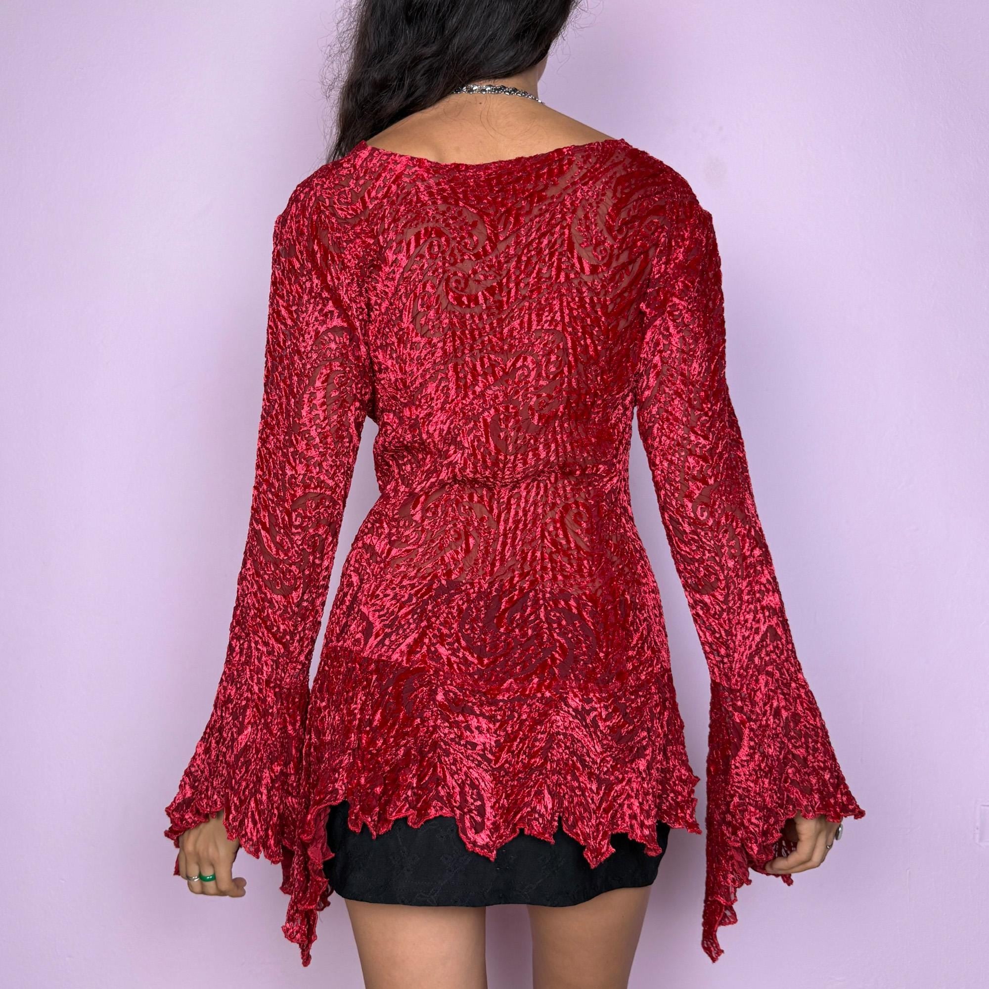 Vintage Red Velvet Devore Burnout Asymmetric Bell Sleeve Top (L)