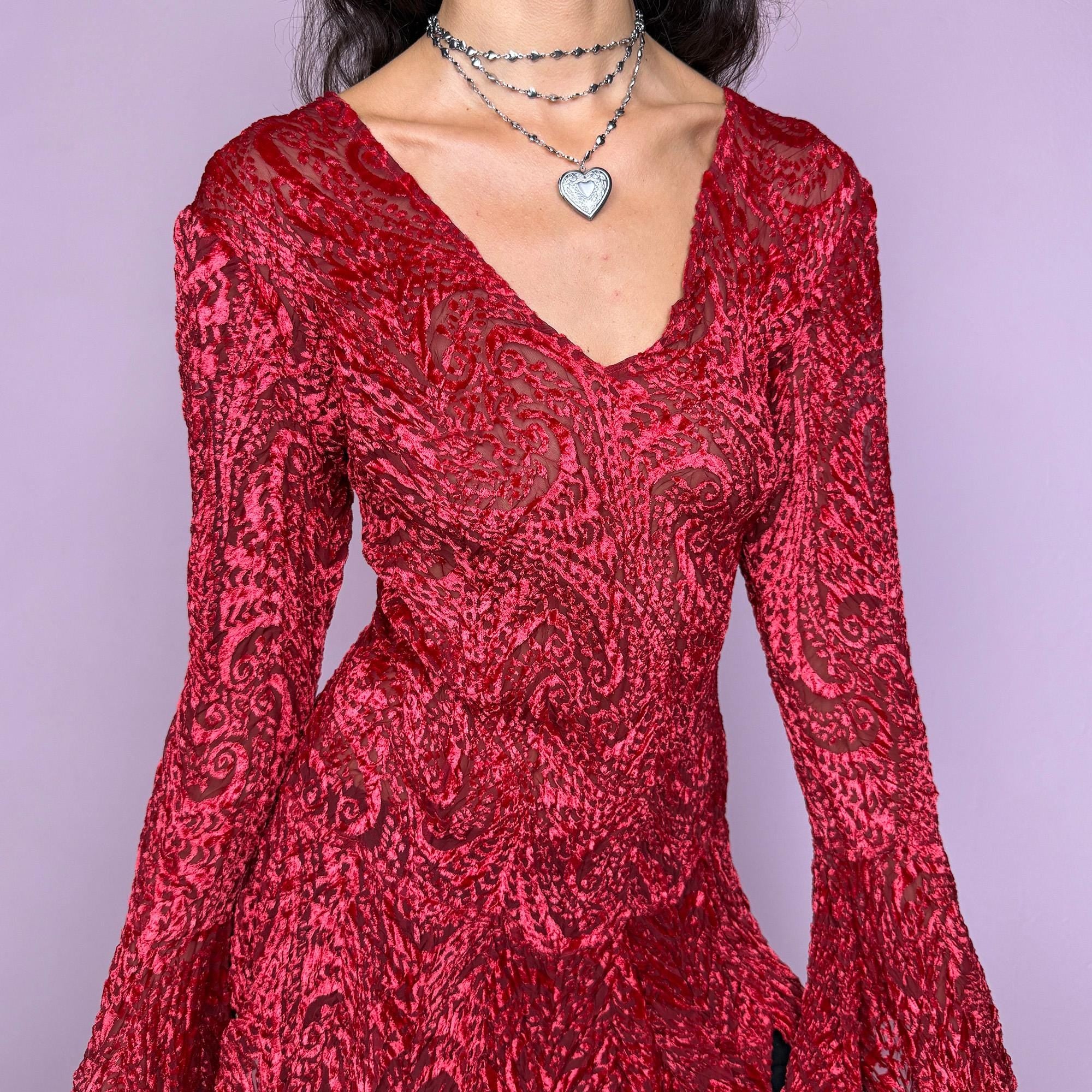 Vintage Red Velvet Devore Burnout Asymmetric Bell Sleeve Top (L)
